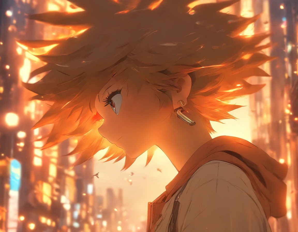 uma menina com cabelo branco vestindo um casaco marrom e fones de ouvido, Looking sideways at the bustling city with birds flying in the glow of the sunset, (melhor qualidade, 4k, Altas, ultra-detalhado), with an artistic touch of pencil drawing, cores vibrantes, and soft lighting, corpo inteiro