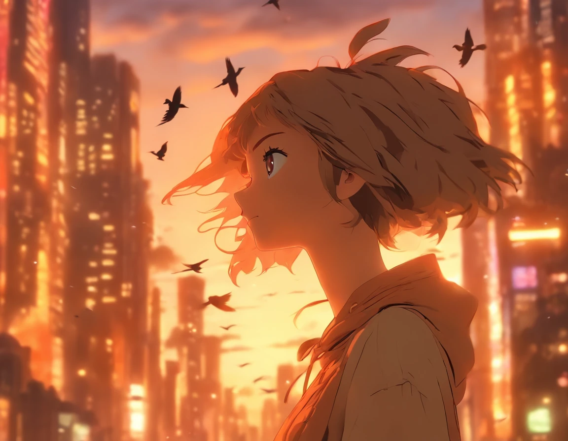 uma menina com cabelo branco vestindo um casaco marrom e fones de ouvido, Looking sideways at the bustling city with birds flying in the glow of the sunset, (melhor qualidade, 4k, Altas, ultra-detalhado), with an artistic touch of pencil drawing, cores vibrantes, and soft lighting, corpo inteiro