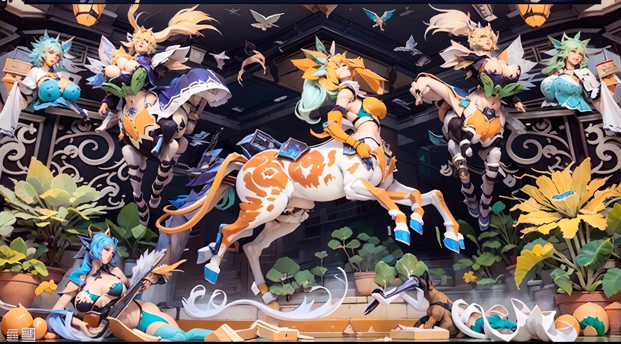 In the beautiful illustration of this super-grand scene，The ultra-distant lens shows us（Over eight separate and distinctive centaur characters：9.9），They all have their own characteristics，Vivid and interesting。Radiant from the heavens（Angelic centaurs：6.6），To nightmarish is（Centaurs surrounded by flames：6.6）、And then to the wind dancing in the air（Fairy centaurs：6.6）、And thunder and lightning surrounding（One-horned centaur：6.6），and shining metallic ones（Mechanical style centaur：6.6）、And then（A centaur with colorful dragon scales covering the whole body：6.6）The power is powerful、Elegant and agile（Elf centaur's slenderness：6.6）Gracefully wears a flower crown、Enchanting and charming（Tiflin centaurs：6.6）、Have the indescribable（Raised sexy：6.6）'s（Succubus centaurs：6.6）。Each character has their own unique charms and abilities。The illustration uses advanced artistic techniques and tools，（Divide the scene into sections by geometric arrangement：9.9），Each section corresponds to a centaur character，This makes more efficient use of space。Through Midjourney's advanced brush tools、Color palette、Material packs and model packs、Texture tools，For each centaur, beautiful props are designed to increase racial characteristics、Clothing and physical features，（Enhances the character's personality and visual appeal：2.5），The scenery in the illustrations is stunning，There are changing skies、rainbowing、extreme light、Stars and Moon。Incorporating iconic landmarks such as Mount Everest，and fireworks、tranquil lake、Natural and urban elements of waves and neon lights，Creates a magical atmosphere，The centaurs display their unique abilities and equipment in a variety of environments，This is true even in extreme alien landscapes。（Use Midjourney's tools、Material packs、Texture tools、The color palette makes depicting details vivid and realistic：9.9），From complex hairstyles and as well as different racial traits、Body、Appearance features、Clothing to real textures，This greatly enhances the realism of the cha