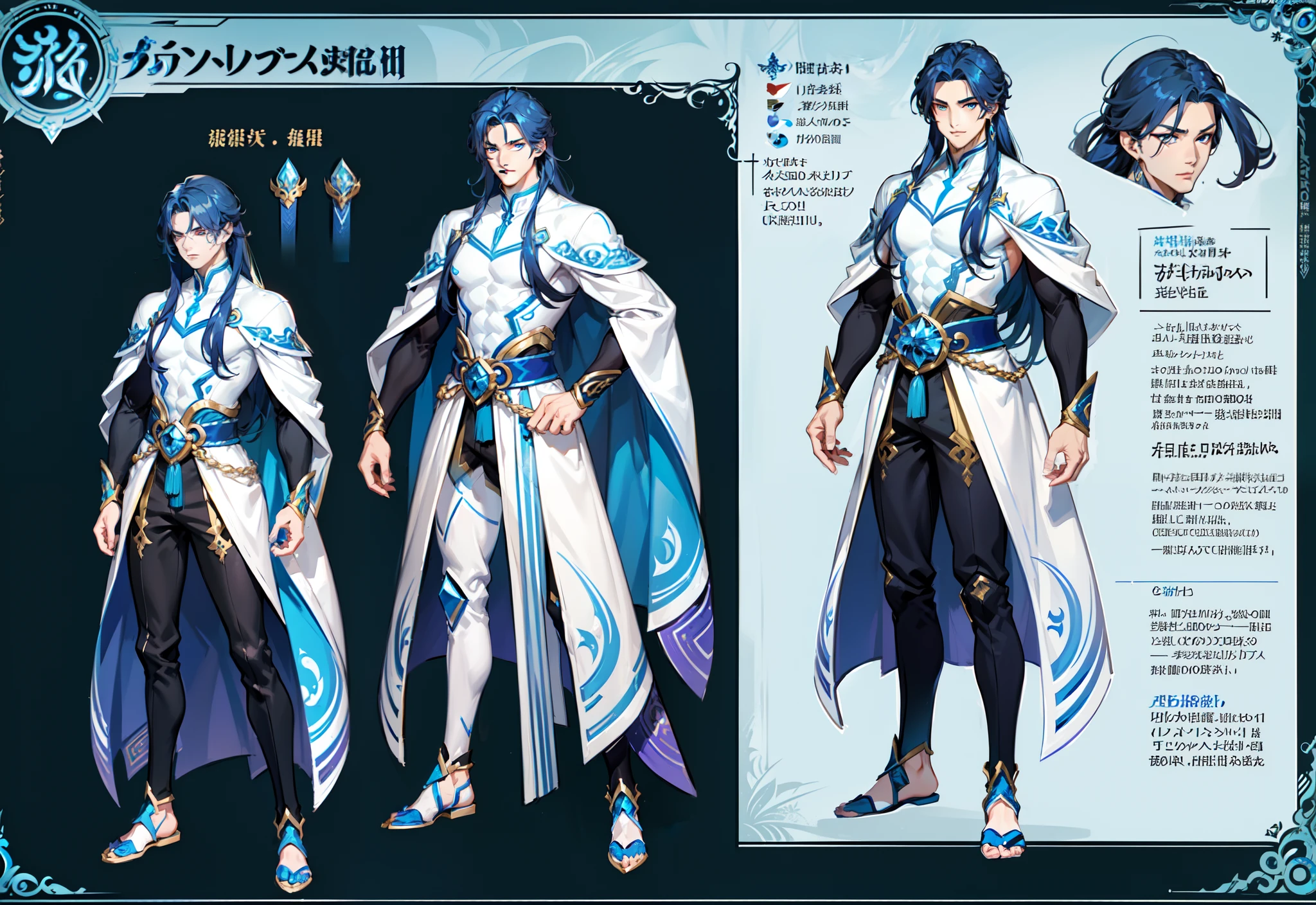 1boy, single, asian boy, reference sheet, character design, front angle, side angle, rear angle, dynamic poses, (masterpiece:1.2), (best quality:1.3), ice fantasy outfit, muscle body, athletic body. (Blue eyes), (long hair), (long bangs), (blue  hair), (pale skin), (reference sheet:1.5)