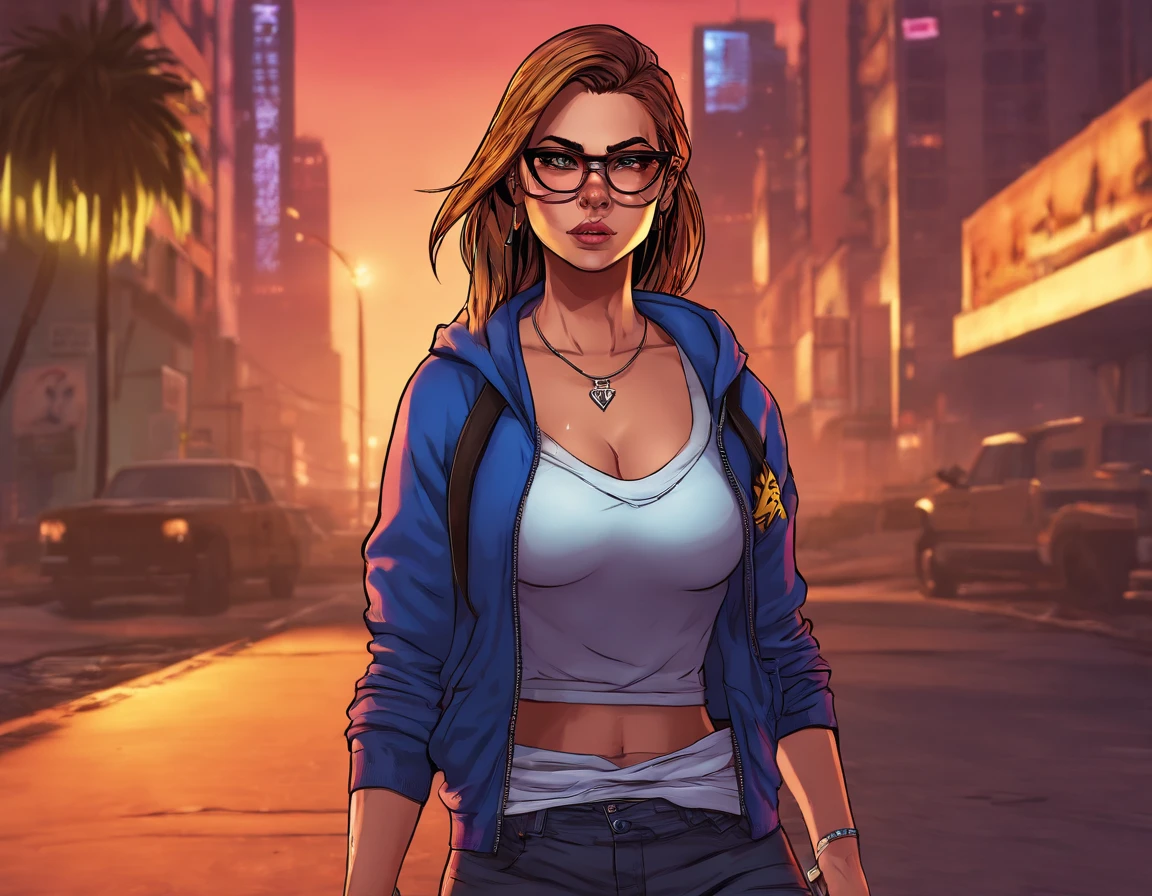 best quality, masterpiece, cinematic lighting, intricate, cinematic detailed realistic background, detailed face, full body, huge breasts, realistic, ligne claire, , , 1girl jogging, cityscape, night, tied shirt, looking at viewer, tattoo, model pose, open cardigan, ringed yellow eyes, streetlight, lamppost, yoga pants, split-color hair, glasses,, ,
