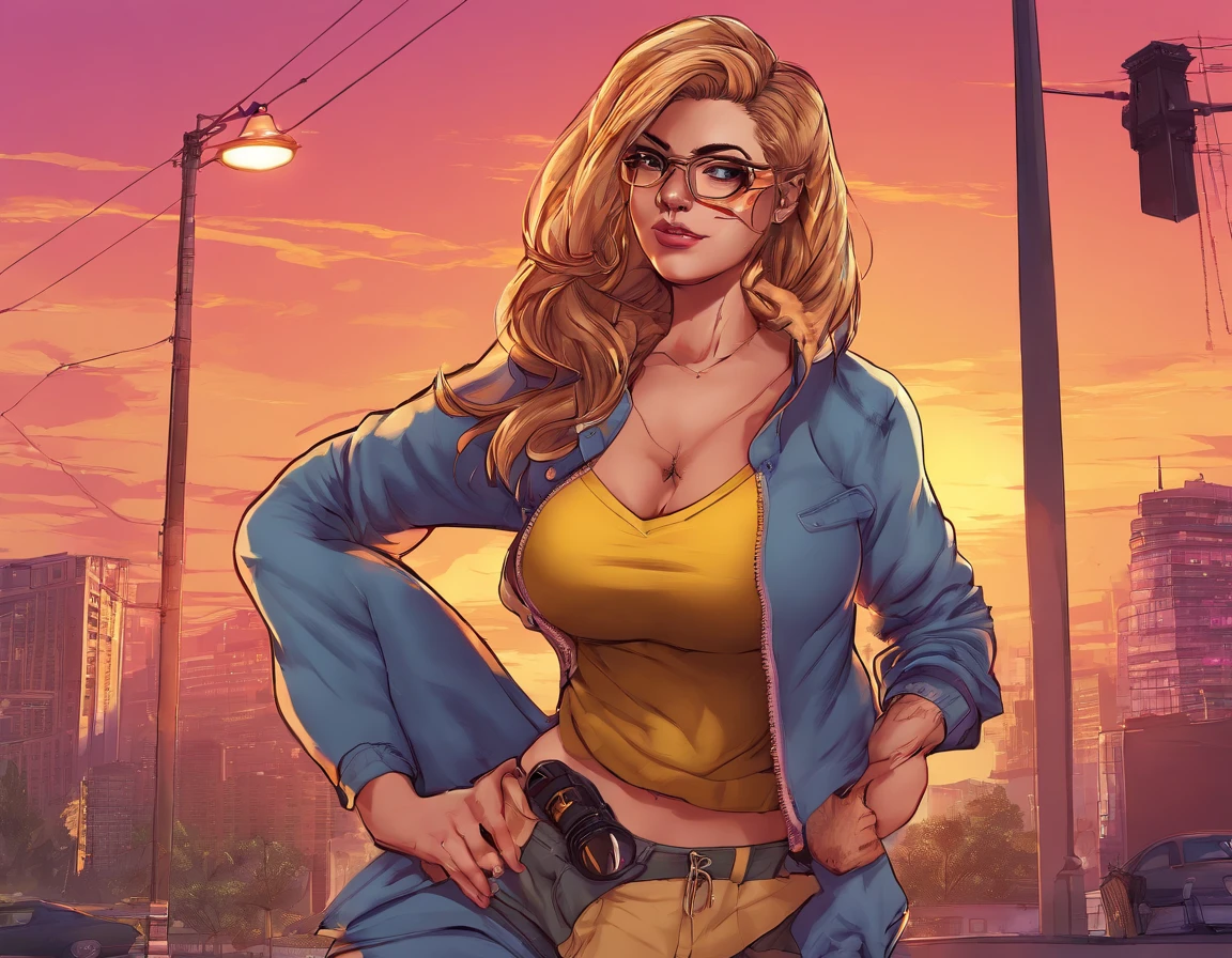best quality, masterpiece, cinematic lighting, intricate, cinematic detailed realistic background, detailed face, full body, huge breasts, realistic, ligne claire, , , 1girl jogging, cityscape, night, tied shirt, looking at viewer, tattoo, model pose, open cardigan, ringed yellow eyes, streetlight, lamppost, yoga pants, split-color hair, glasses,, ,