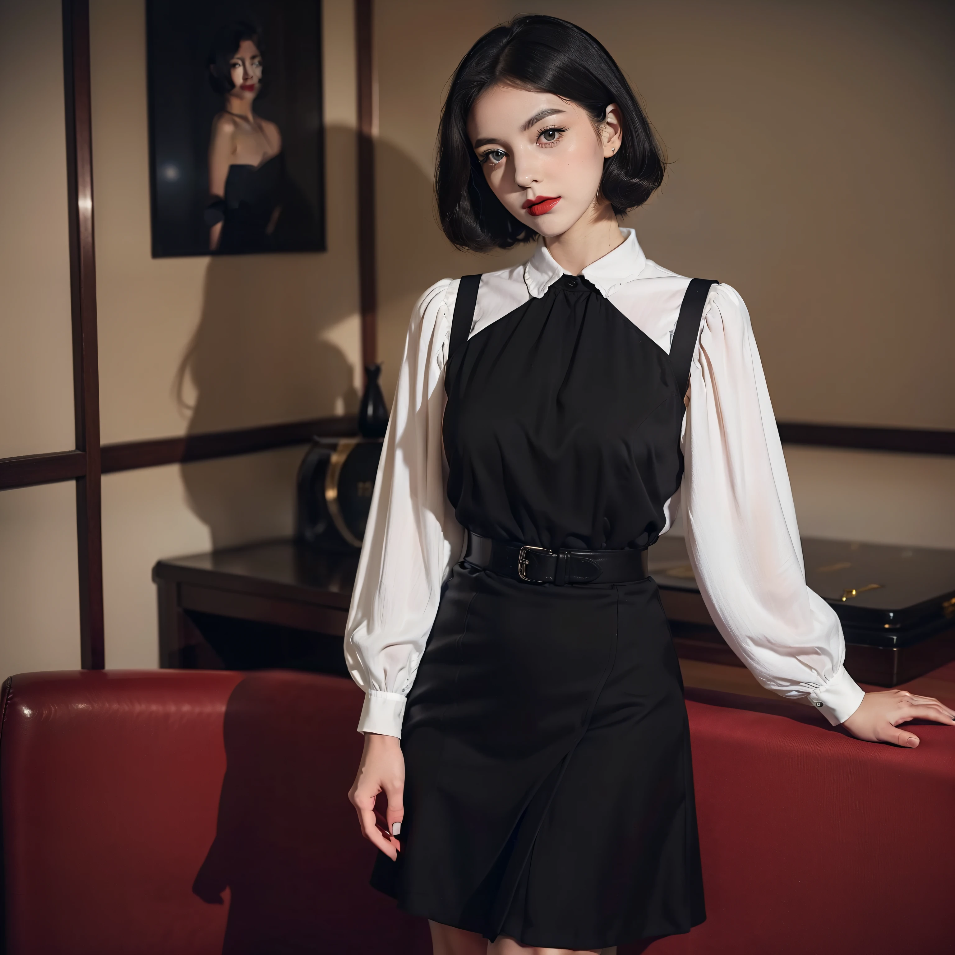 Mallory Malone's costume description is very detailed and、、Features a unique and interesting style. In a white long-sleeved blouse of your choice、A fitted black knee-length skirt with red accents creates a striking visual contrast. The addition of a black heel with ankle strap is、Adds a classy touch to the look. Apart from clothes, Vintage 1950s Bob Hairstyles、Adds a retro and timeless element to Mallory Malone's style. This type of hairstyle is、Known for its neat and short appearance, Typically、Jaw length with both ends turned inward. This hairstyle selection is、Add a vintage touch to the look、Complements Mallory's overall style. Makeup also plays an important role in the appearance of Mallory Malone. Although there are no specific details about makeup mentioned in the description, It is possible to imagine that she may be rocking a 1950s-inspired look.