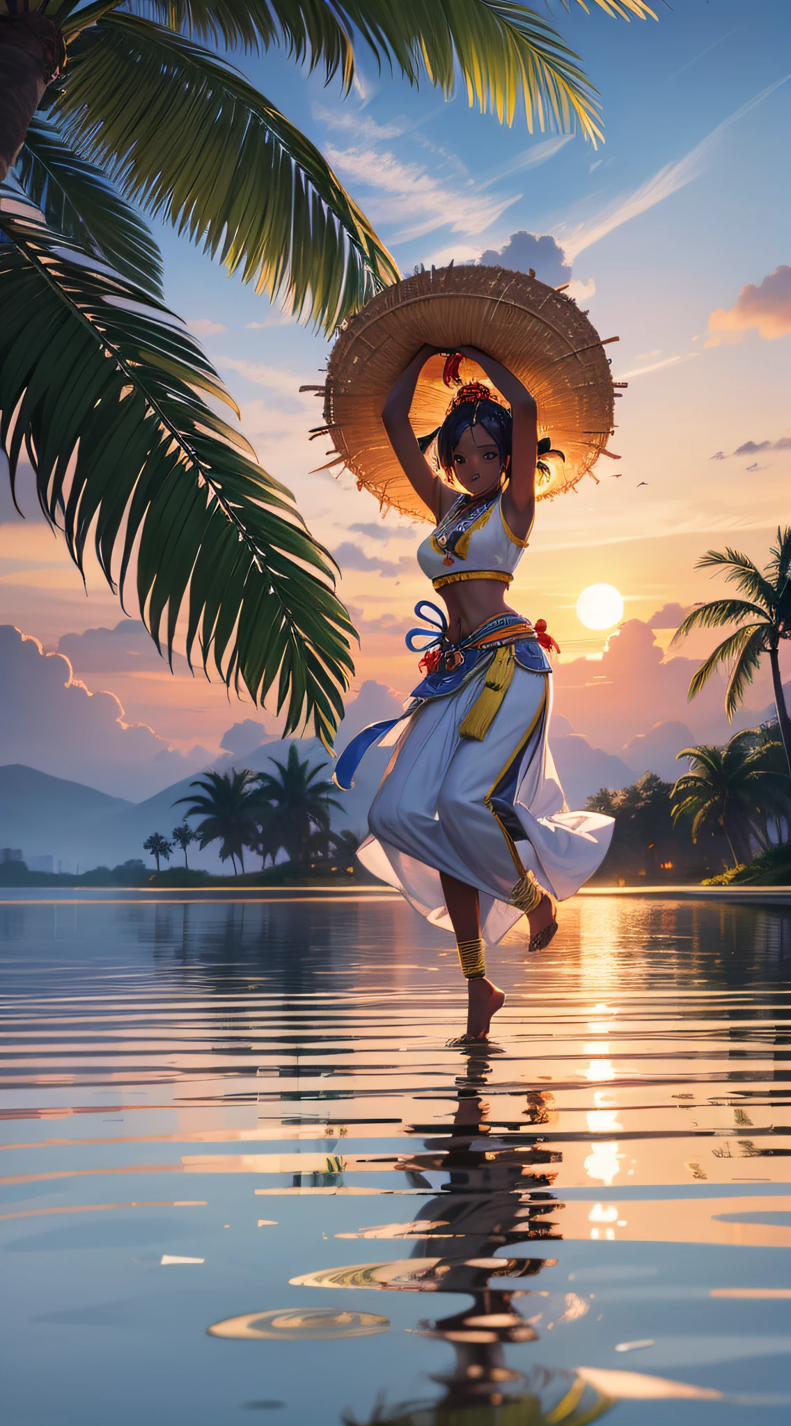 T-shirt design artwork, African traditional style dancer with coconut tree, sunset, on
 an island showing
 reflect
 water flat illustration, vibrant winner, vector, vintage drawing, white background, 8k