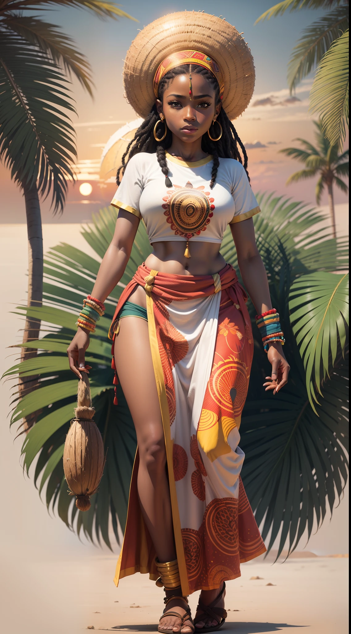 T-shirt design artistic work, African traditional style dancer with coconut tree, sunset, flat illustration, vibrant winner, vector, vintage drawing, white background, 8k