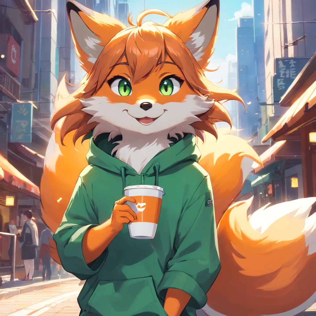 Adorable fox in Pixar movie style, usando um capuz, cinematic lighthing, Depth detection, hiper detalhada, qualidade 8k. depth of fields,perfect lighting,light particles,(best quality),(tmasterpiece),(Ultra - Detailed),sharp focus,light particles,Niji,fox,male,god eyes,green_eye,Looking_in_viewer,smile,so little,furry, bicho_orelha_fluff,open sky_Attire,Crossed waist with one hand,upper body,tail,short-sleeved shirt,eyeglasses,sunbeams,soft smile,from below,holding coffee(Fox, furry, anthropomorphic), Male, Best quality, human-like body figure), looking at viewer with orange hoodie and sunglasses holding cell phone, fox, avatar image, with futuristic outfit, CGSetnation ),like, professional art, CGsociety - W 1 0 2 4 - N 8 - I,The name is Kan, your name is Kan