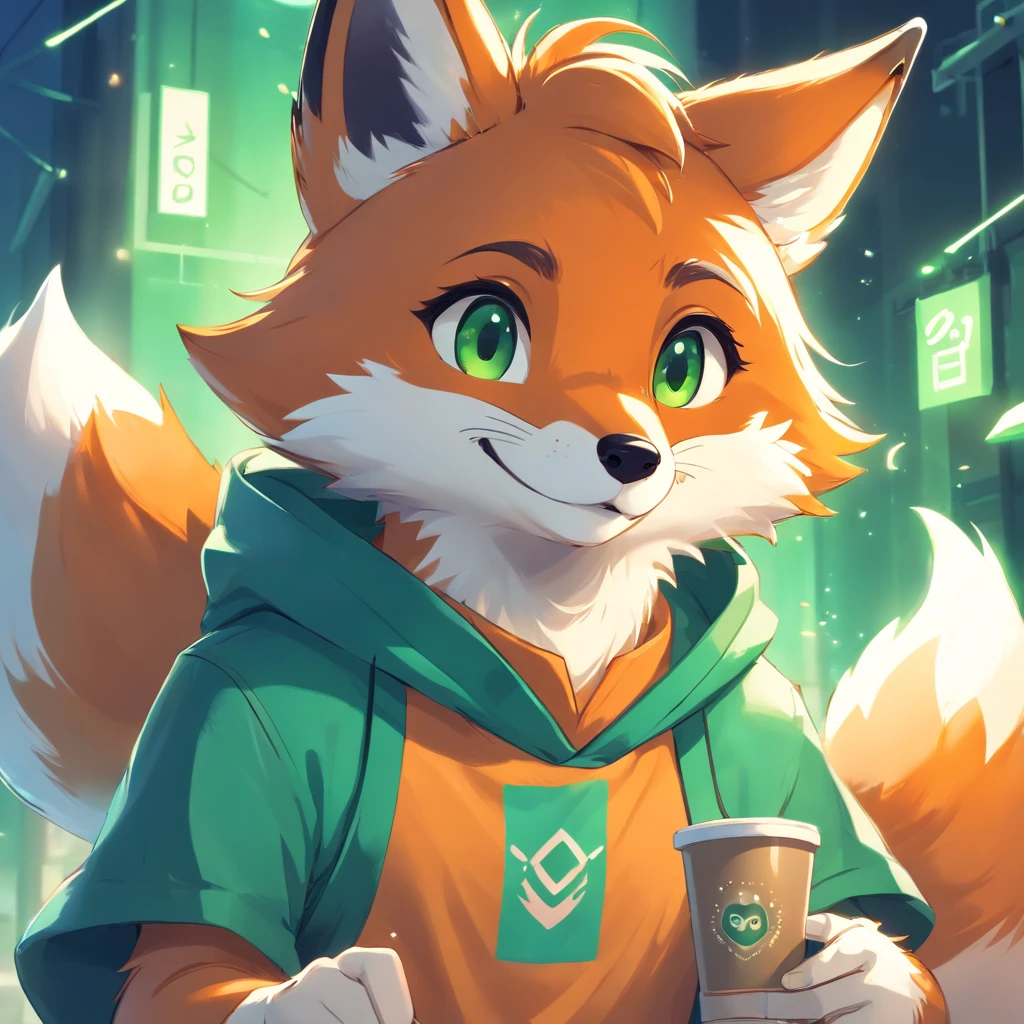 Adorable fox in Pixar movie style, usando um capuz, cinematic lighthing, Depth detection, hiper detalhada, qualidade 8k. depth of fields,perfect lighting,light particles,(best quality),(tmasterpiece),(Ultra - Detailed),sharp focus,light particles,Niji,fox,male,god eyes,green_eye,Looking_in_viewer,smile,so little,furry, bicho_orelha_fluff,open sky_Attire,Crossed waist with one hand,upper body,tail,short-sleeved shirt,eyeglasses,sunbeams,soft smile,from below,holding coffee(Fox, furry, anthropomorphic), Male, Best quality, human-like body figure), looking at viewer with orange hoodie and sunglasses holding cell phone, fox, avatar image, with futuristic outfit, CGSetnation ),like, professional art, CGsociety - W 1 0 2 4 - N 8 - I,The name is Kan, your name is Kan