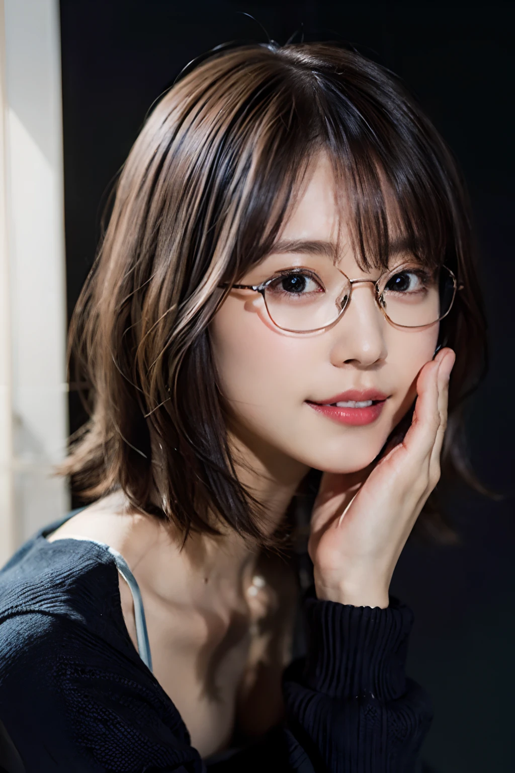 (8K、Raw photography、top-quality、masterpiece:1.2)、(realisitic、Photorealsitic:1.37)、ultra-detailliert、超A high resolution、女の子1人、see the beholder、beautifull detailed face、A smile with a little visible teeth、Constriction、(Slim waist) :1.3)、((Cute sweater))、pastel clothing、Beautiful detailed skin、Skin Texture、Floating hair、((fluffy hairstyle))、large breasts with good shape、Professional Lighting、Bedroom、((Black square glasses))、Whole human body、Black hair、((Shameful appearance))、Pay attention to your audience、