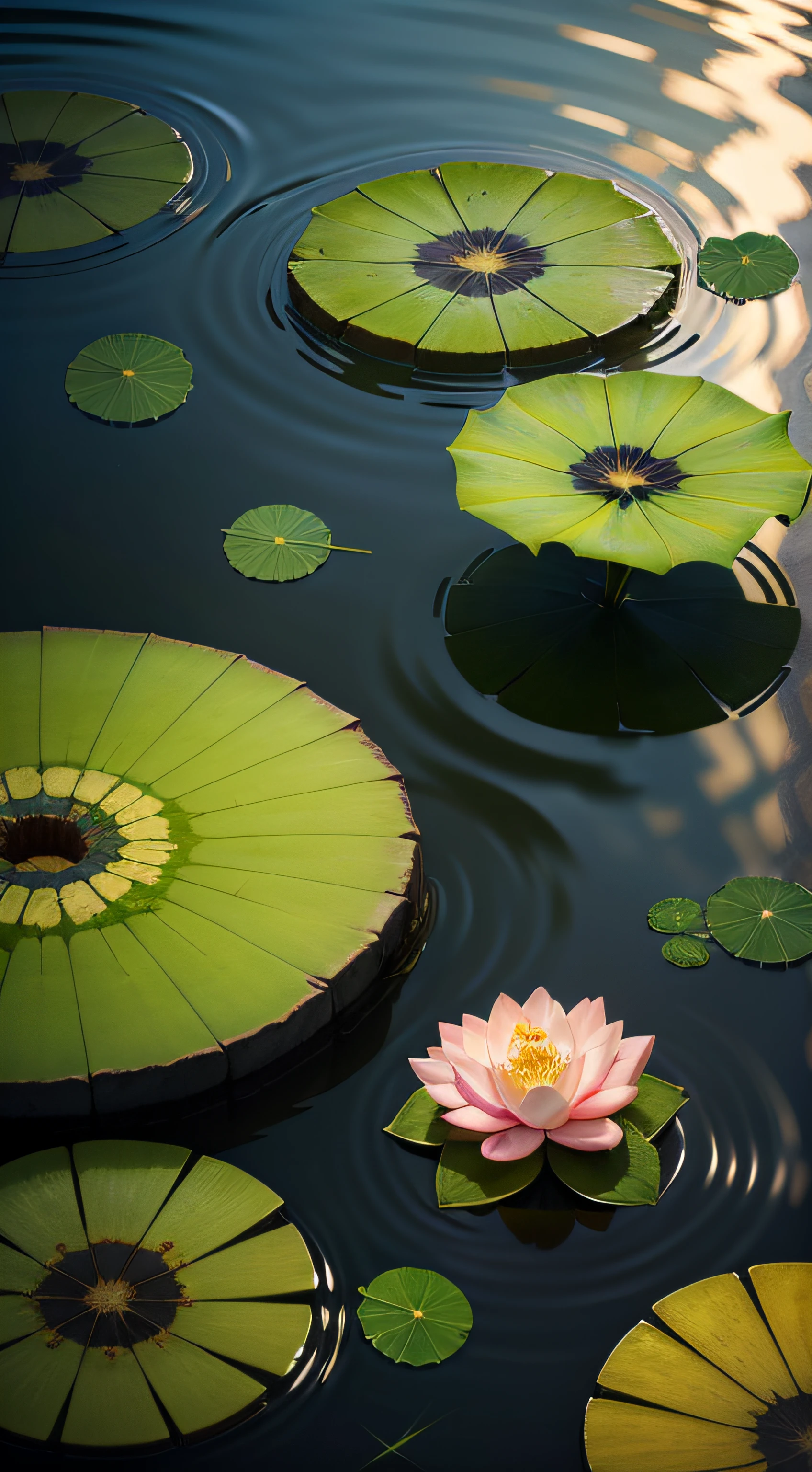 water surface, ripple, brilhante, 8k, super high resolution, lotus leaf, Olhando para cima, Fundo, bolha