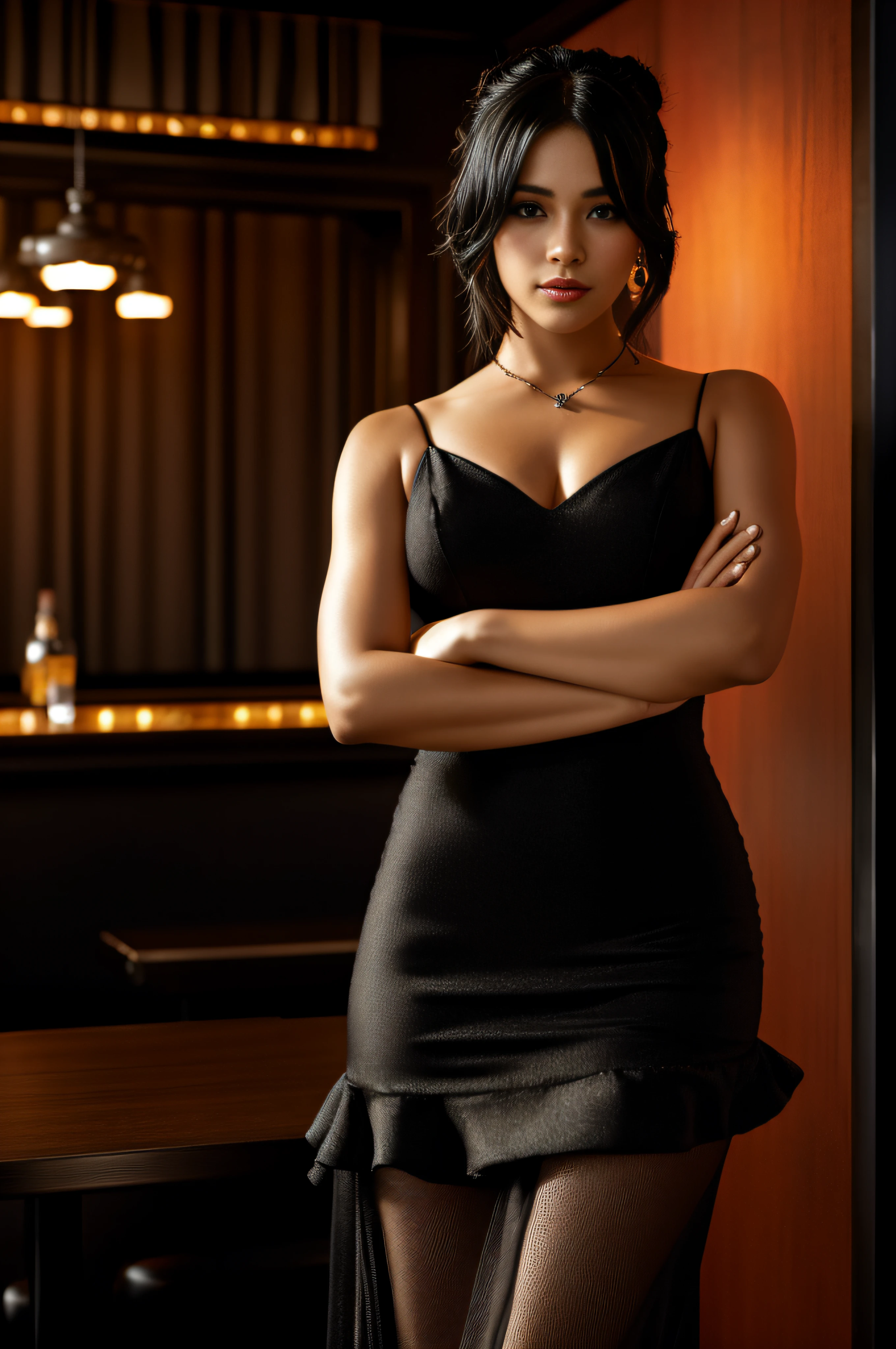 arafed woman in a black dress posing with her arms crossed, she is wearing a black dress, smooth in _ the background, casual pose, full body portrait shot, taken in the early 2020s, tube-top dress, full body and head shot, black dress : : symmetrical face, full body picture, wearing a black dress,Positive perspective，Cyberpunk speakeasy background, diner background, Bar background, tavern background, Mobile game background, fantasy tavern background, lounge background, Showcase, personal room background, 1128x191 resolution, upscale restaurant,