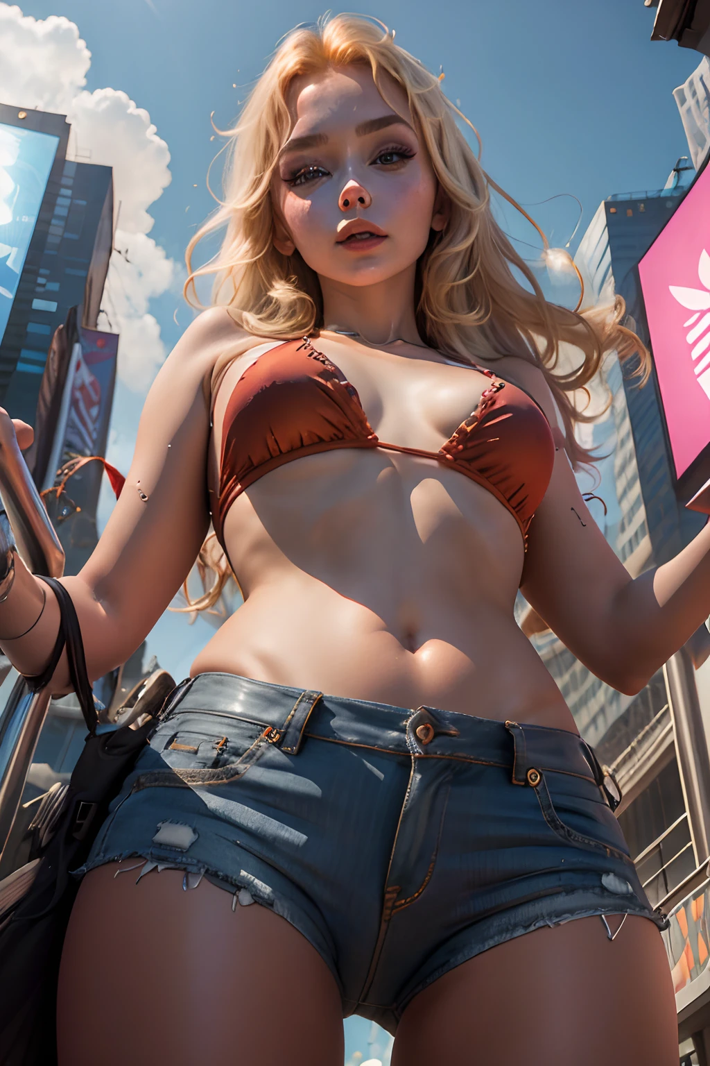 Sexy woman,(((from below))),time square,NewYork,ssee-through,(tempting pose),looking at viewert,frenzied,(Eye contact),American sexy beauty,Wearing a bikini,Beautiful and moving big eyes,red tinted hair,realisticlying,tmasterpiece,Realistis,hight contrast,ultra - detailed,best qualtiy, 超A high resolution, realisticlying, A high resolution, A detailed, RAW photogr,