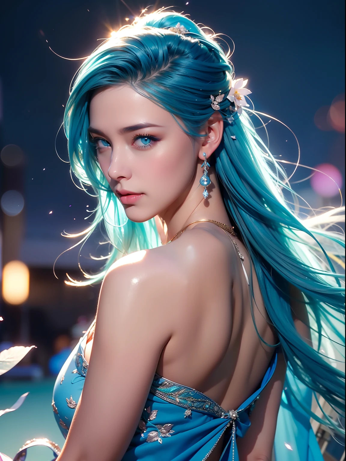 an woman with modern style, (((aqua blue hair color))),(colorful),(finely detailed beautiful eyes and detailed face, aqua blue long hair), flowers on head,cinematic lighting,extremely detailed CG unity 8k wallpaper,((flying petal)),(Flowery meadow), night, moonlight, shadows, light, modern city,(masterpiece, best quality), cyberpunk, (((detailed blue dress))), blue laces,((blue untied flowing hair and a nice street background)), cool style, high detailed background , curvy body, gorgeous, elegant, simple gold necklace, dynamic pose, realistic, detailed facial expression, beautiful mesmerizing face, happy, open smile, (bright blue eyes:1.14), real life skin, 8k, intricate detail, professional lighting, full body shot, dynamic angle shot, looking at camera, stunning Unreal Engine, soft diffused lighting, cute, wind, petals on wind,1 girl, sexy, sensual, a 20 yo woman,(natural skin texture, soft light, sharp), big boobs
