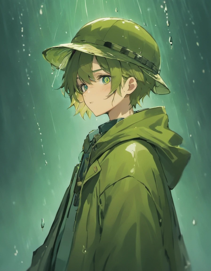 Fisherman, rainy, dark olive drab raincoat, eyes hidden by the brim of a rain hat, anime, european face, male, vtuber, no background