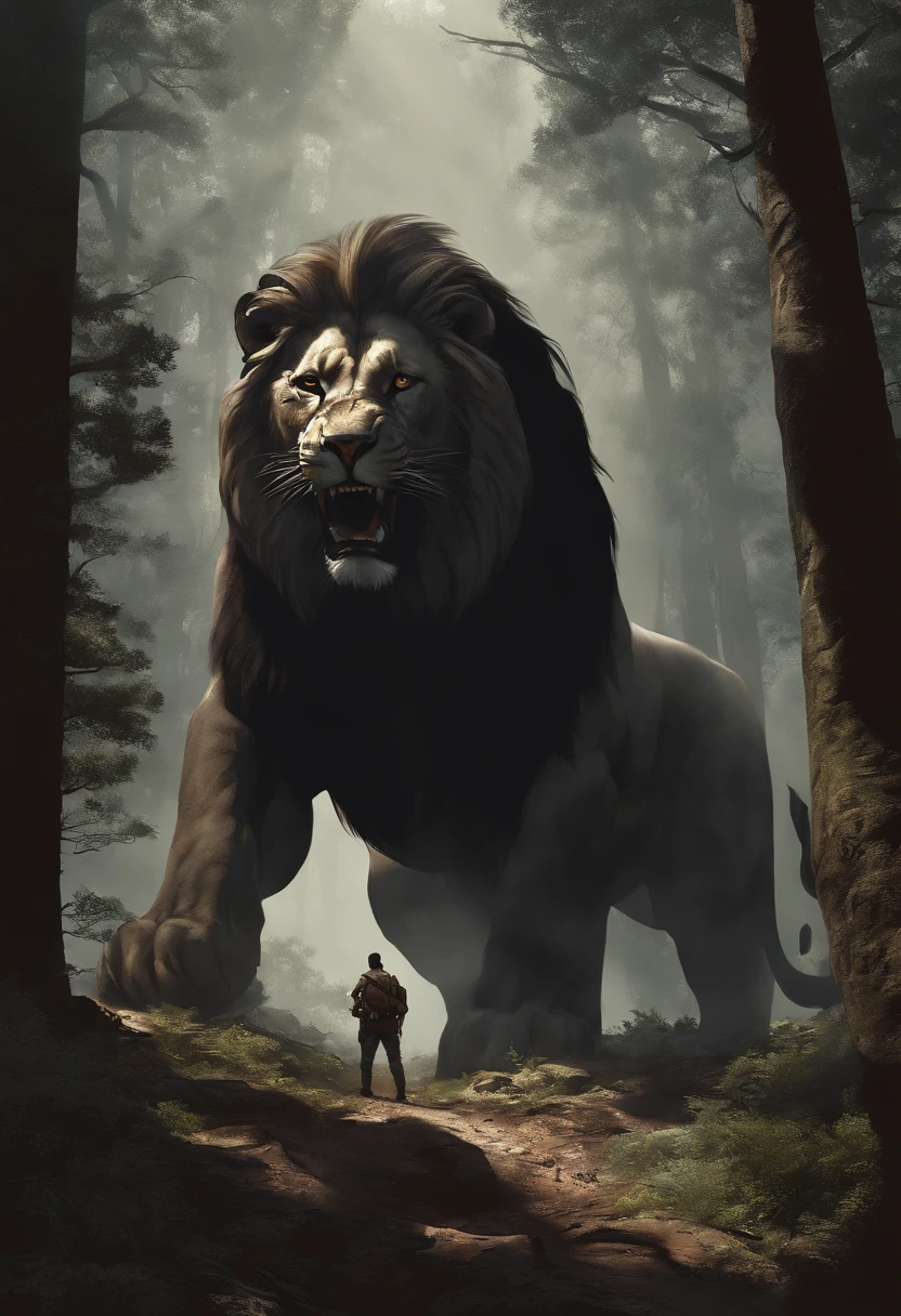 Lucas Bracey, Man hunting in the middle of the forest a ferocious lion , 8k, Foto RAW, (pele altamente detalhada: 1.2), (exposta: 1.1), (Costas expostas: 1.5), , (Vista de cima para baixo:1.5), ((::Jae Lee e Joe Madureira estilo ::2.0 comix illustration style,Estilo Tatoon ,, (fundo bonito e claro:1.2),, fantastic paintings , ::Jason Fabok e estilo Yoji Shinkawa ::2.0 comix illustration style,Estilo Tatoon , Comic book style , (fundo bonito e claro:1.2),, fantastic paintings ,estilo grafite; master part, melhor qualidade, alta qualidade, extremamente detalhado CG unidade 8k papel de parede, scenecy, fotografia premiada, HDR, extremamente detalhado, trending on ArtStation, trending in cgsociety, intrincado, High detail, Arte por Midjourney Style::JKenneth Rocafort ESTILO ::2.9 (master part:1.2, melhor qualidade), (belos olhos finamente detalhados: 1.2),