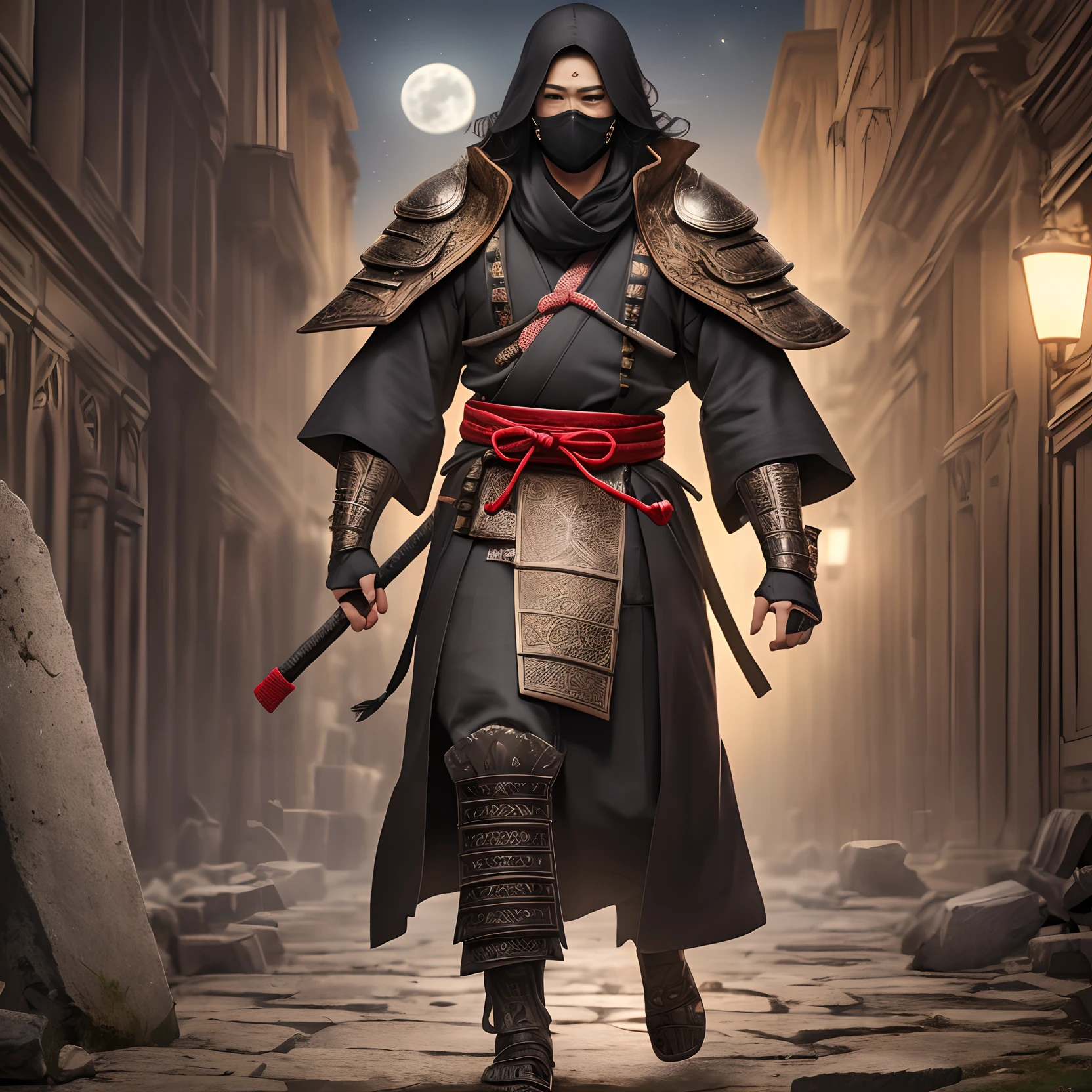male,(RAW photo, 4k, master piece, very high resolution, extremely complex),(night),(moonlight), (realistic: 1.4),(full body), Cinematic lighting, (((a male character))) , Single focus, epic, medieval\(Style \ ), (best quality), (Very high), (long, wavy black hair), (neck cloth covering up to chin), (black face mask covering mouth and forehead) chin), fixed eyes ,(full body black coat), (samurai style), (8k face deadpan), (brown eyes), (ULZZANG-6500:1.0 ), (Only),(Viewers),(glow),( side),(amid ancient ruins),((speed)),(reality) --auto --s2