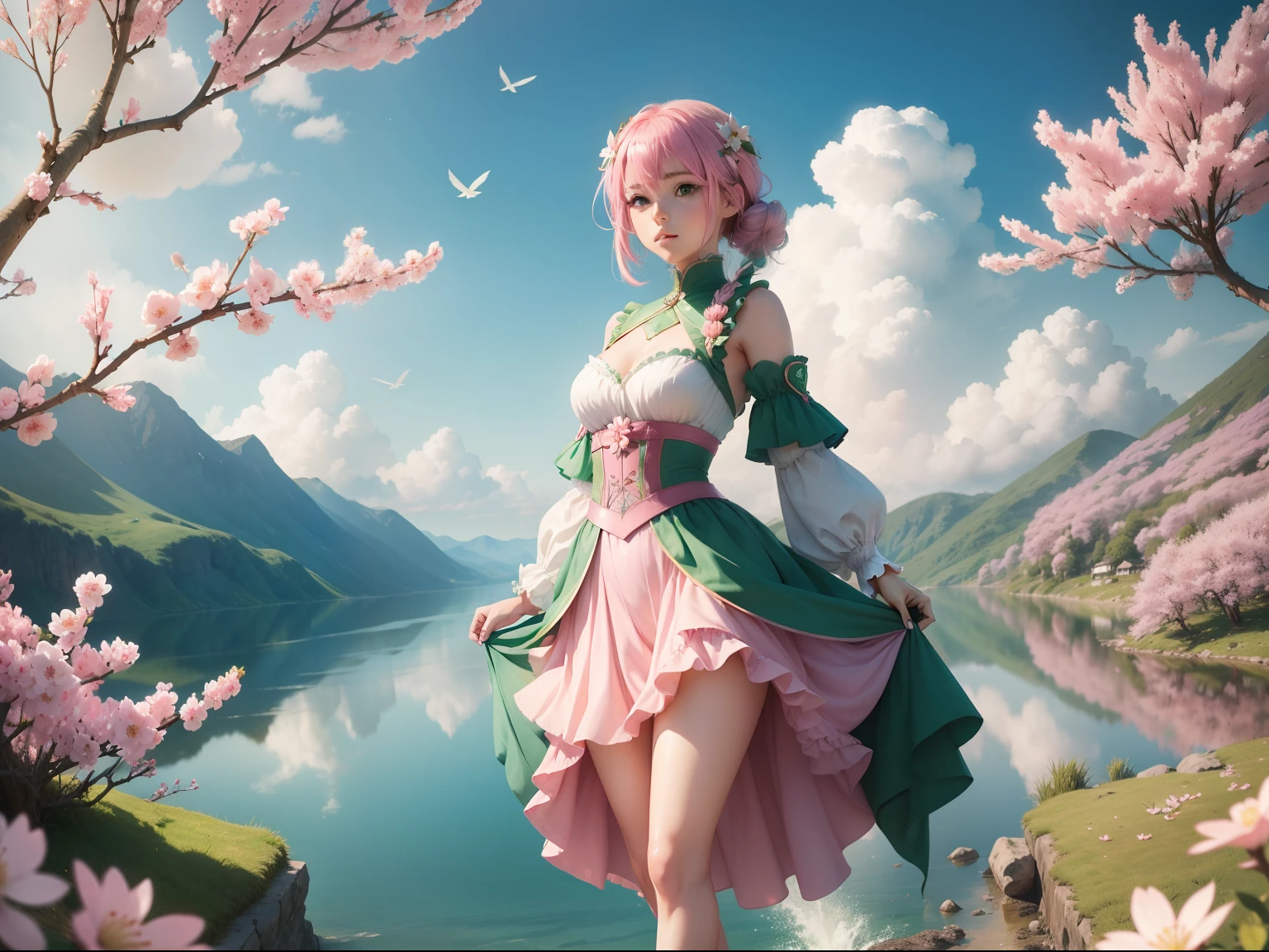 1girl, full body, pink hair, green brilliant eyes, white and green costume, glittering waters, blue birds, beautiful clouds, beautiful sakura florest landscape, 4k, super detailed, semi-realistic, colorful