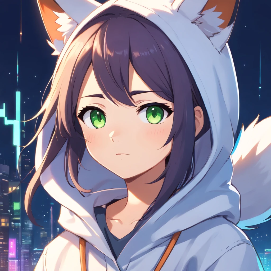 a close up of a cartoon fox with a hoodie on, fox from league of legends chibi,green eyes, art of silverfox, portrait of an anthro fox, an anthropomorphic cyberpunk fox, foxgirl, digital fox, tonic the fox, cute fox, fursona art, falvie, an anthro fox, foxish guy in a lab coat