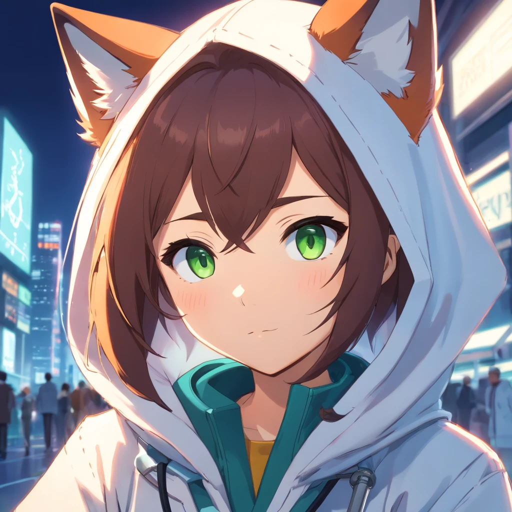 a close up of a cartoon fox with a hoodie on, fox from league of legends chibi,green eyes, art of silverfox, portrait of an anthro fox, an anthropomorphic cyberpunk fox, foxgirl, digital fox, tonic the fox, cute fox, fursona art, falvie, an anthro fox, foxish guy in a lab coat