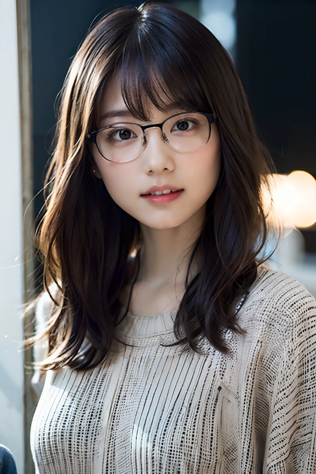 (8K、Raw photography、top-quality、​masterpiece:1.2)、(realisitic、Photorealsitic:1.37)、ultra-detailliert、超A high resolution、女の子1人、see the beholder、beautifull detailed face、A smile with a little visible teeth、Constriction、(Slim waist) :1.3)、((Cute sweater))、pastel clothing、Beautiful detailed skin、Skin Texture、Floating hair、((fluffy hairstyle))、large breasts with good shape、Professional Lighting、Bedroom、((Black square glasses))、Whole human body、Black hair、((Shameful appearance))、Pay attention to your audience、