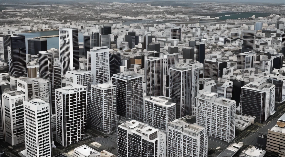 Create a black and white manga-style image that represents a Megalopolis seen from above. Megalopolis is a densely populated city, with a vast network of streets and urban buildings. Nas ruas, There is a mix of tall and low buildings, todos com arquiteturas variadas que refletem a diversidade da cidade. Some areas have commercial buildings, while others are dominated by residences. --auto