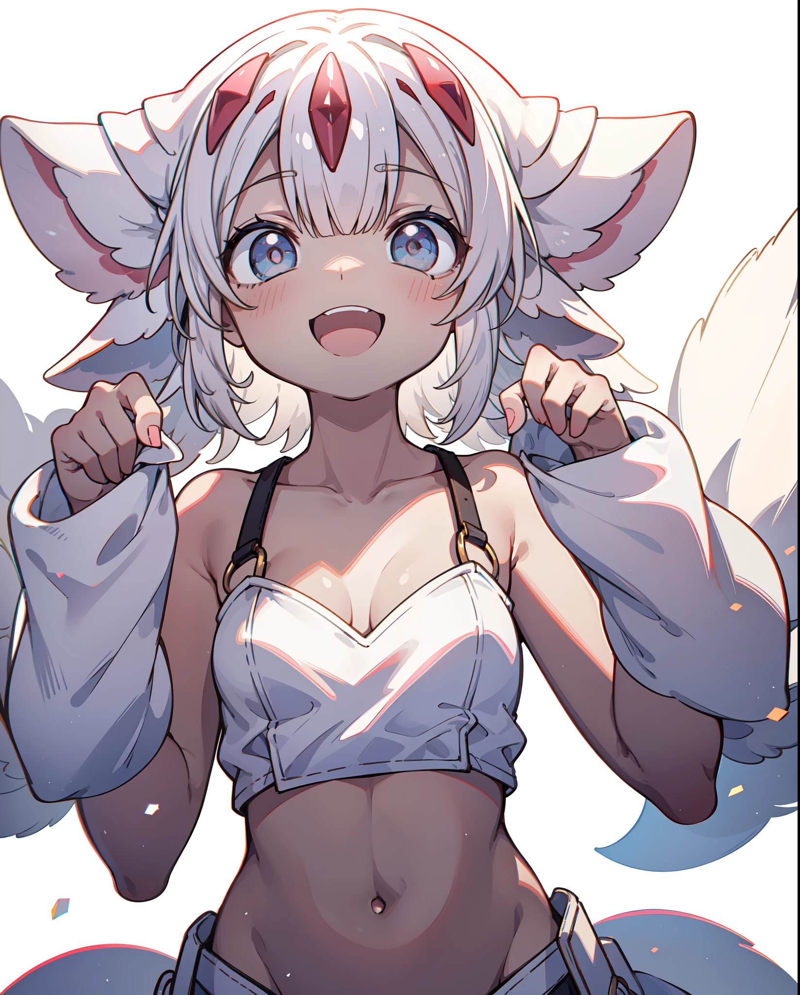 faputa, 1girl, solo, looking at viewer, smile, open mouth, simple background, white background, navel, collarbone, hands up, chromatic aberration, extra arms, fewer digits