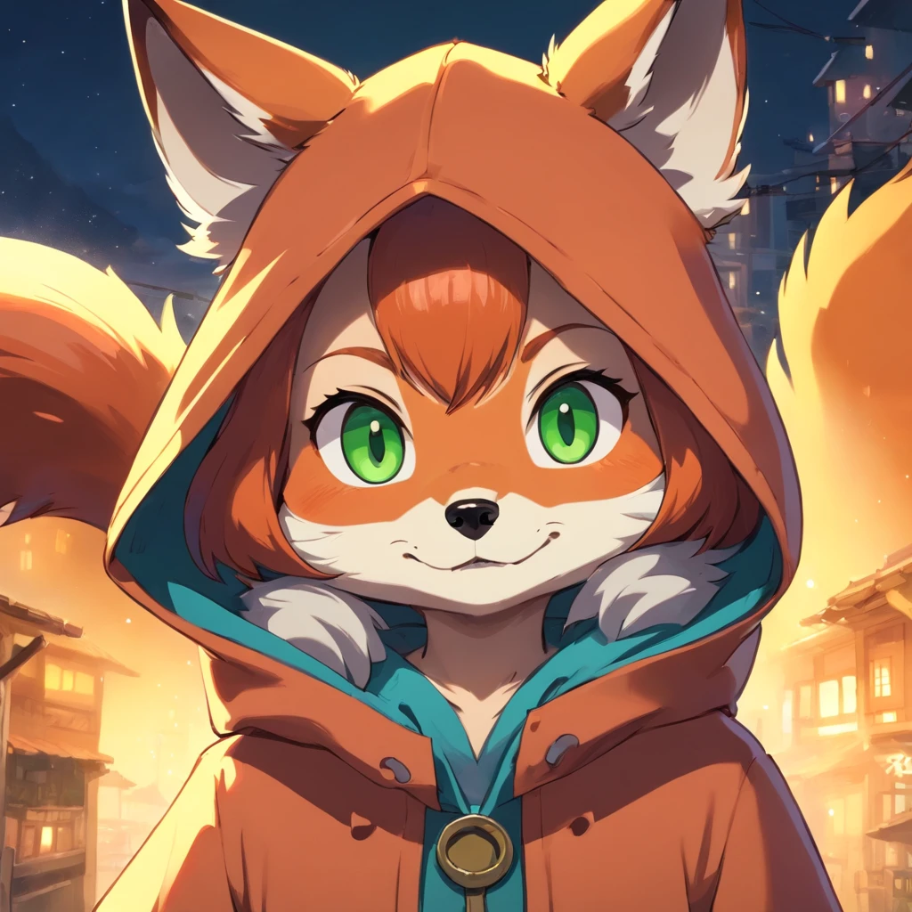 a close up of a cartoon fox with a hoodie on, fox from league of legends chibi,green eyes, art of silverfox, portrait of an anthro fox, an anthropomorphic cyberpunk fox, foxgirl, digital fox, tonic the fox, cute fox, fursona art, falvie, an anthro fox, foxish guy in a lab coat