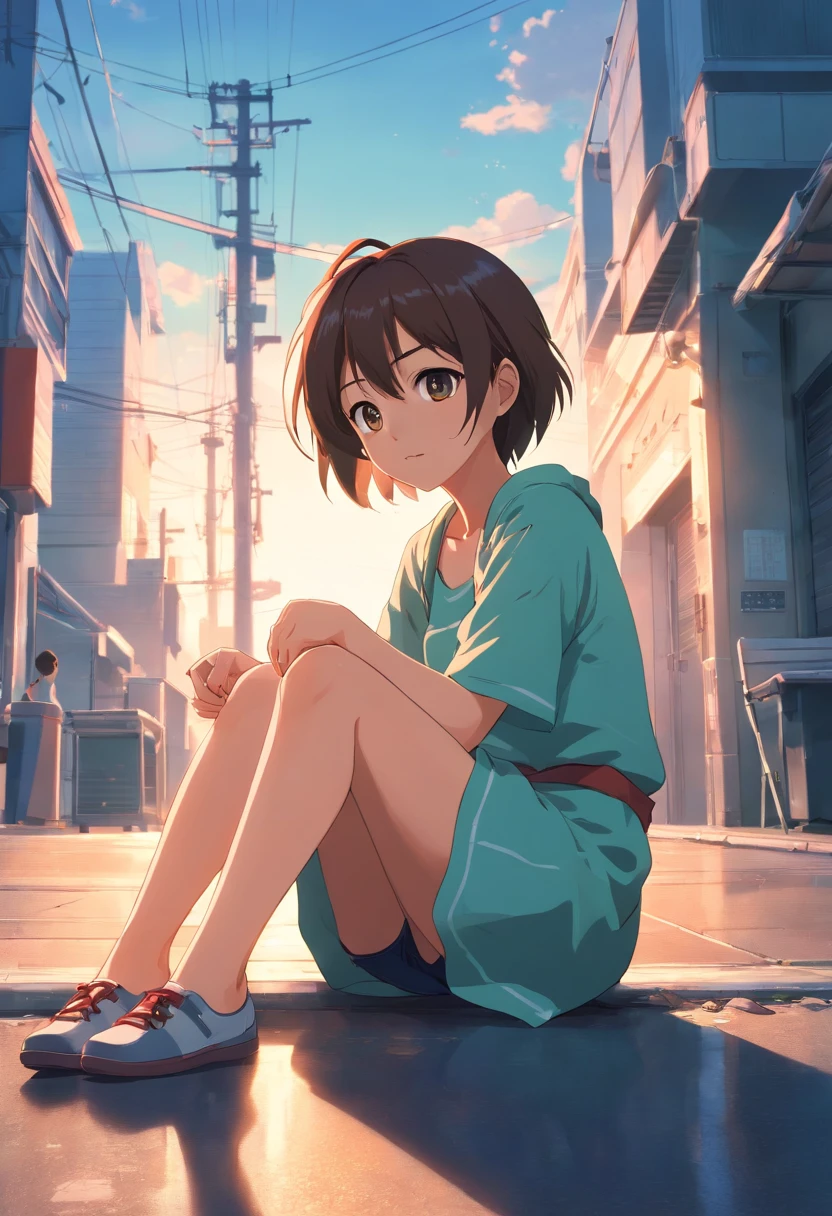 The girl sat on the ground,Open your legs to expose your
