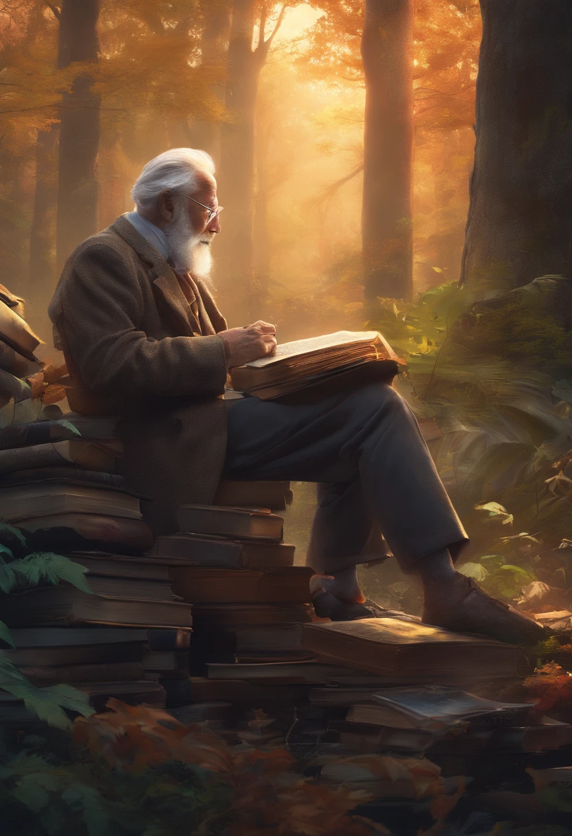 (best quality, 4k, 8k, high resolution, masterpiece: 1.2), ultra detailed, (realistic, photorealistic, photorealistic: 1.37), Wise old man in a moment of contemplation in a forest of books, illustration, portraits, vivid colors, sunset lighting, moonlight