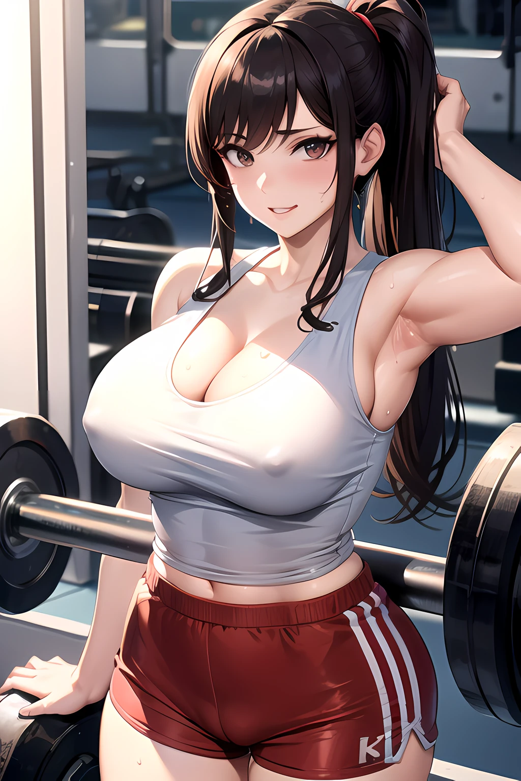 8k,Best Quality,masterpiece,Extremely detailed,realistic,1girl,japanese woman,(big breasts:1.2),cleavage,[[cameltoe]],toned and glamorous body,(Tank tops:1.3),(Hot Pants:1.3),ponytail,Brown hair,smug,deadlift,(Sweat on breasts),looking at viewer,((gym:1.2)),