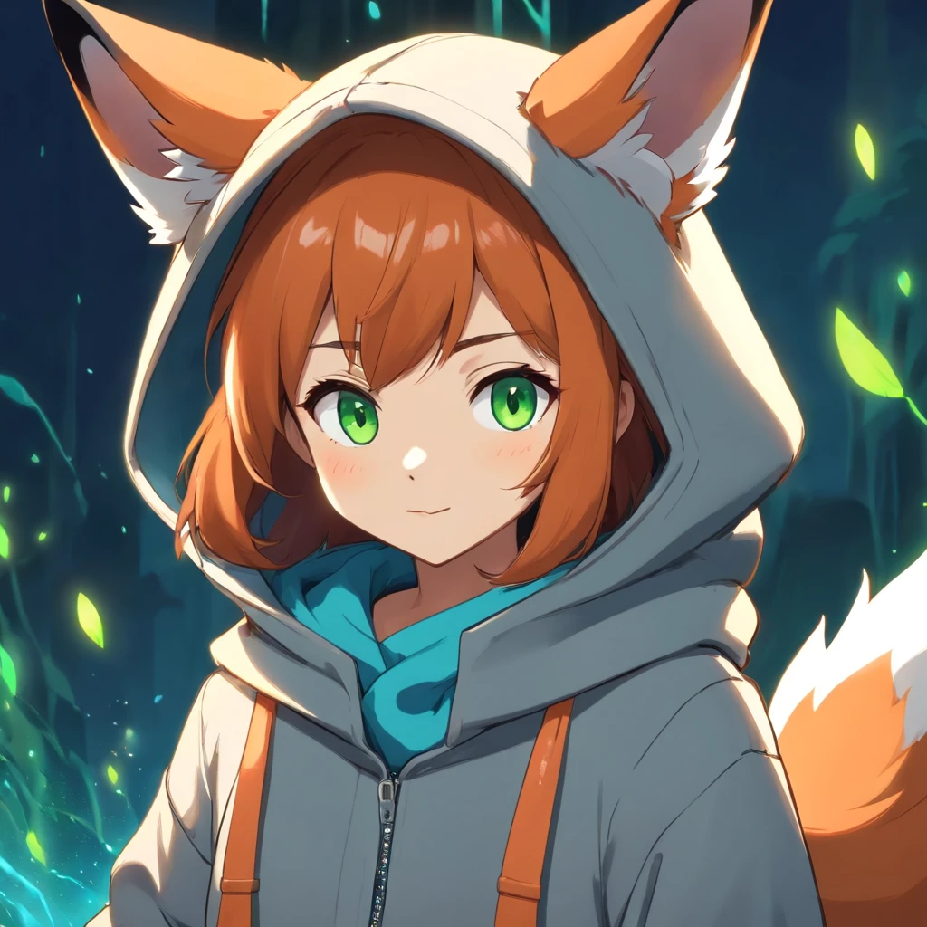 a close up of a cartoon fox with a hoodie on, fox from league of legends chibi,green eyes, art of silverfox, portrait of an anthro fox, an anthropomorphic cyberpunk fox, foxgirl, digital fox, tonic the fox, cute fox, fursona art, falvie, an anthro fox, foxish guy in a lab coat