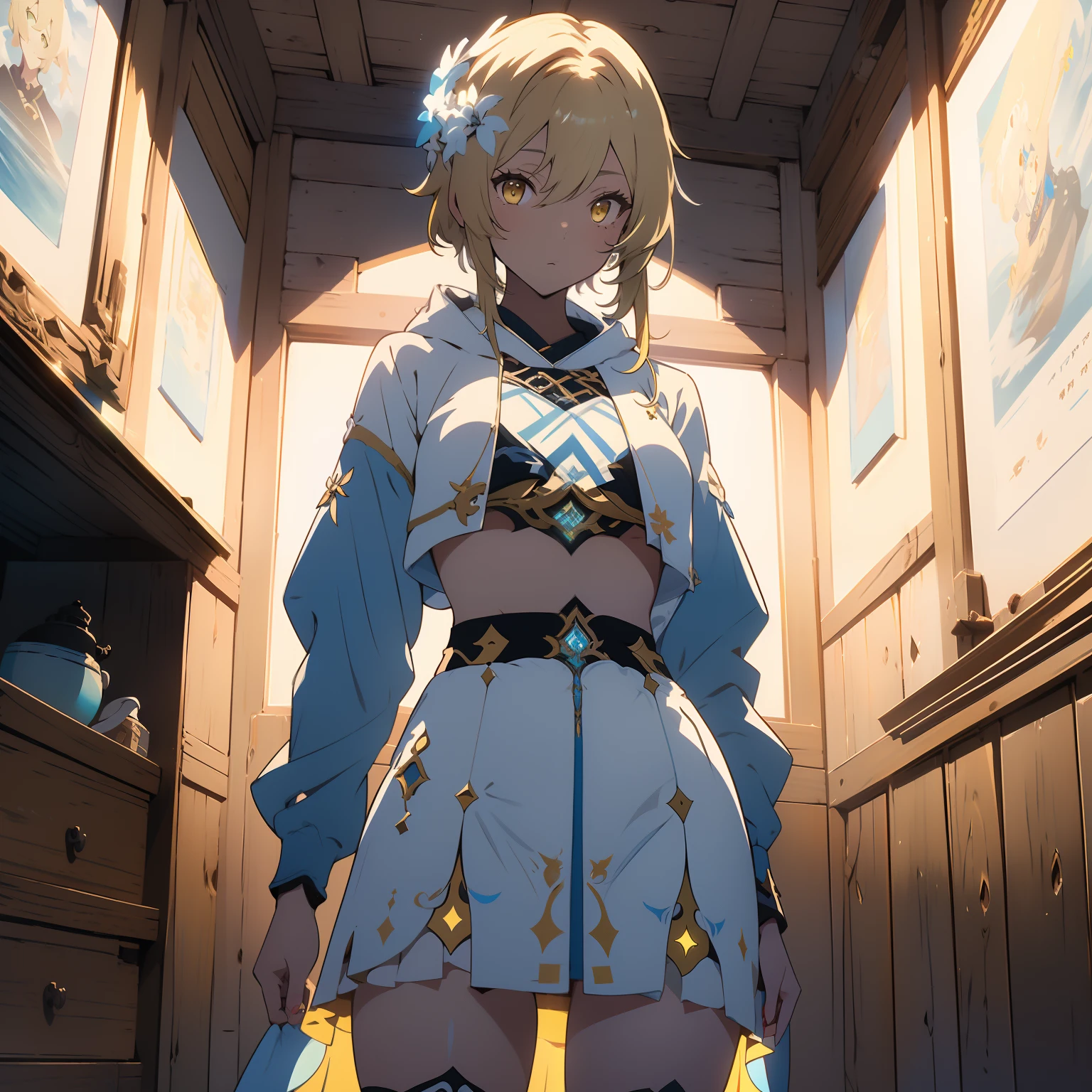 (masterpiece, best quality), beautiful girl, Lumine from "Genshin Impact",
luminedef, standing in her room, (detailed beautiful eyes) medium body shot, (crop-top white and blue hoodie, underboob) blonde, short hair, yellow eyes, ultra detailed yellow eyes, full-body shot,