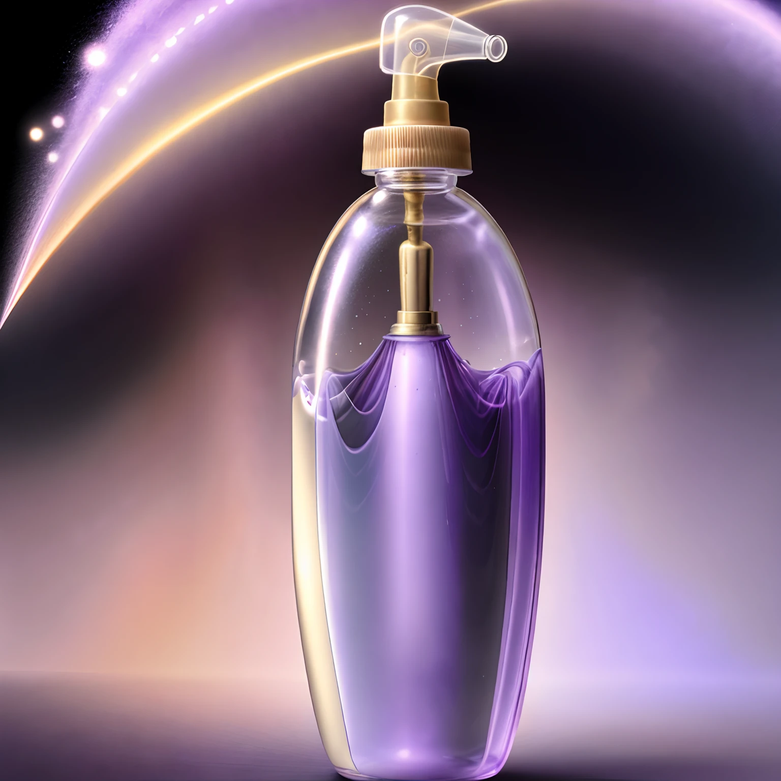 Elongated transparent spray bottle with transparent lilac nozzle on gold background product picture