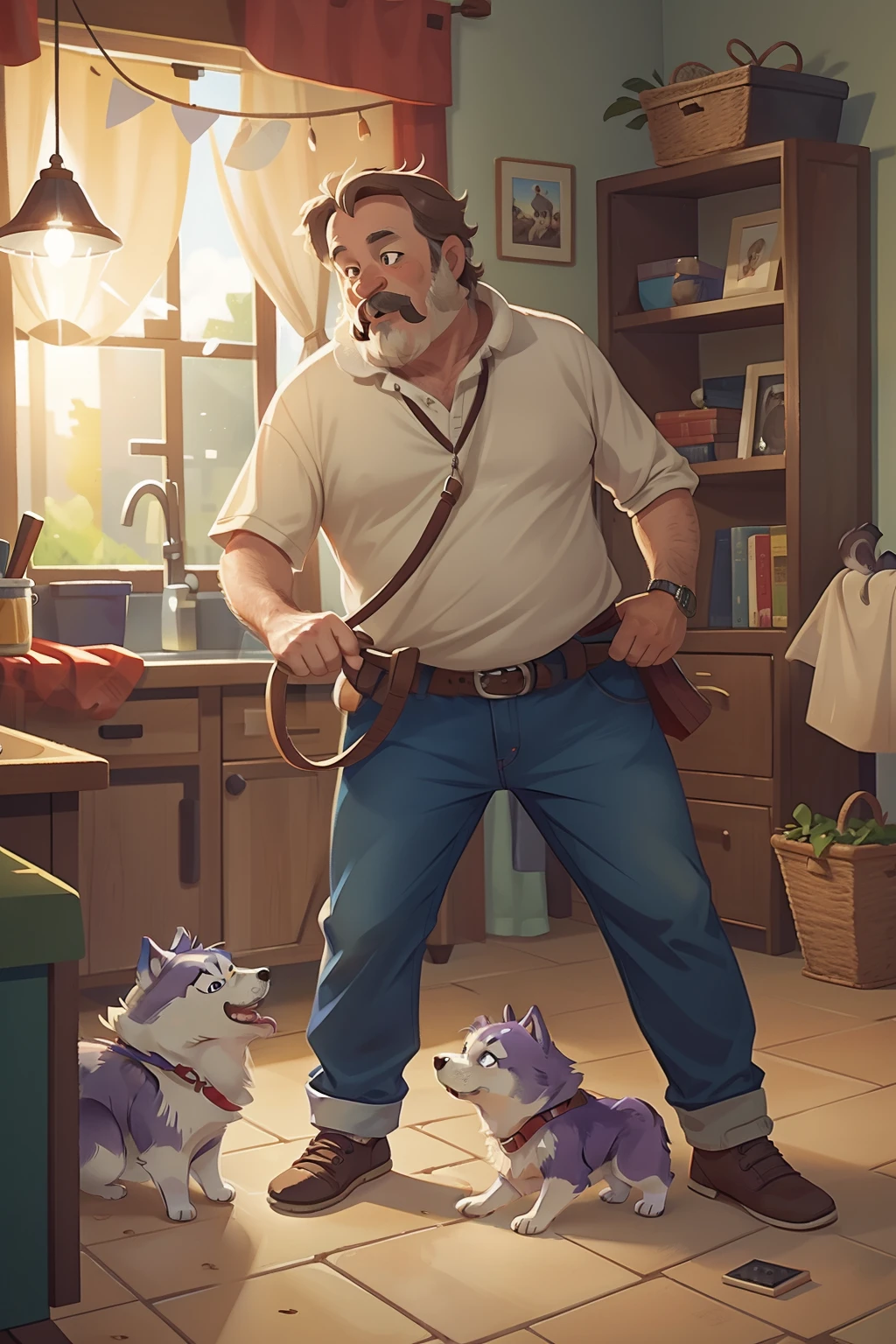 a middle age man with playing with a dog, husky