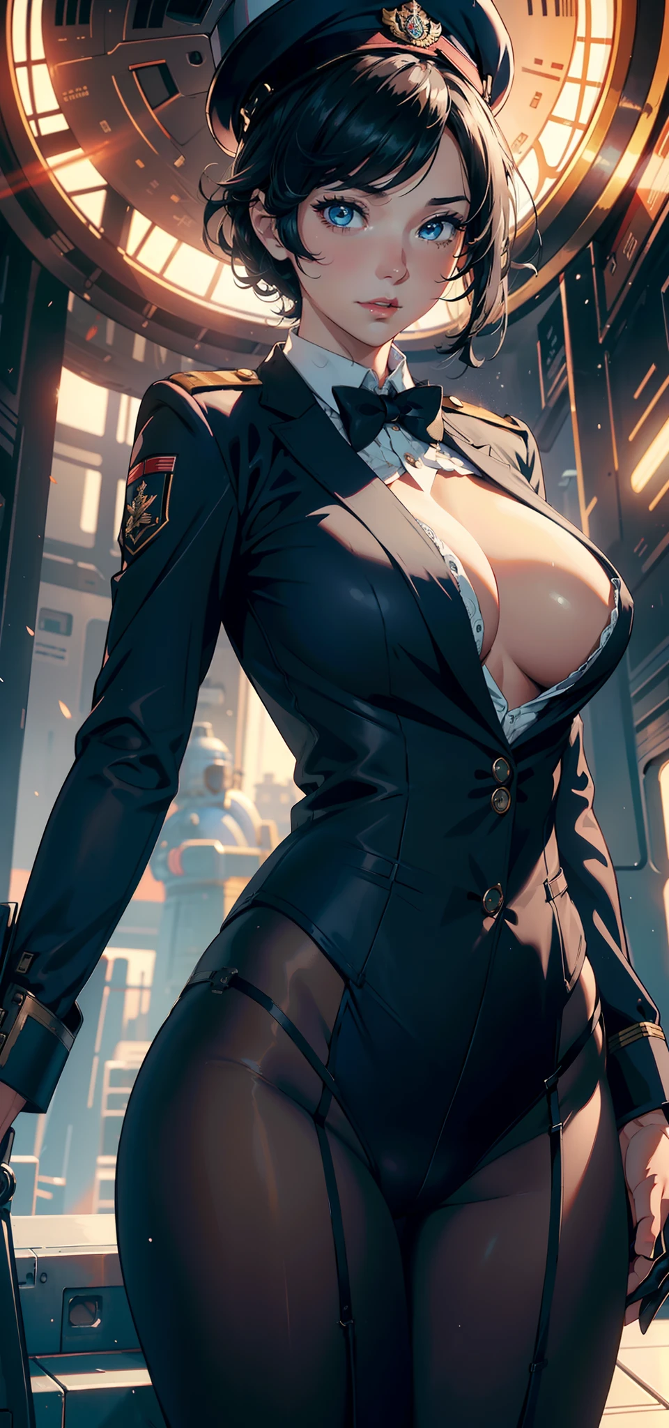 1female,35yo,plumw,extremely large bosom, 独奏,(Background with:Huge machinery,droid,aerodrome,Planes,Huge mechanical armor,) She has very short black hair,bobo head,Stand on the plane,,seen from the front, hair straight, mostly cloudy sky,(((tmasterpiece),(Very detailed CG unity 8K wallpaper),best qualtiy,cinmatic lighting,detailed back ground,beatiful detailed eyes,Bright pupils,Blue eyes,Snow-whiteskin,Redlip(Very fine and beautiful),(Beautiful and detailed eye description),ultra - detailed,tmasterpiece,))facing at camera,A high resolution,ultra - detailed),revealing breasts,Bare genitalia, Bulge,legs are open,Raised sexy,Camel toes,Flushed complexion,Desire for dissatisfaction,frontage,British Air Force,Aviator,Officer's cap(Wearing:blazer jacket,tailcoat,White color blouse,a black bowtie,Black pantyhose,Bare breasts)