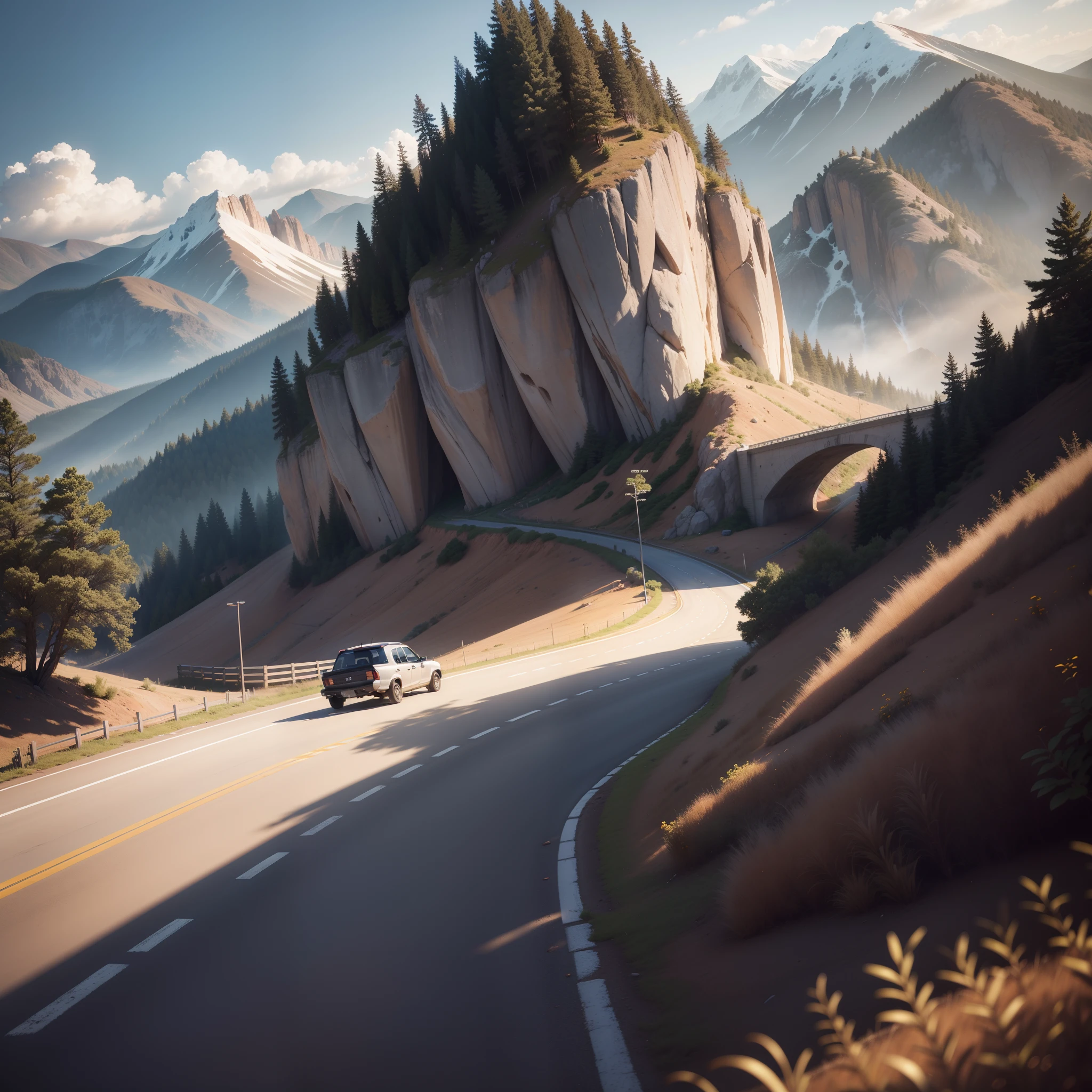 a panoramic view, Vista lateral, de uma estrada ultra realista, mega realista, Realismo, photoshot renderizada em um estilo fotorrealista. The road is winding through the mountains, fotografia, with realistic lighting and shadows. Hard disk, Final da tarde, sol com efeito halo, A Long Shot, foco nítido, fotorRealismo, fotografia, Realistic, DOF, profundidade de campo, 8k, octane rendering, Long exposure, motor irrealista, foto fotografada estilo de arte Bill Dobbins, Roberto Reiff, Por Bernal, Paulo Ythjall, Ian Spanier, Noel Daganta, Dave Laus, Lee "Hercules" Gause, Muscle& Aptitude, Revista Flex, Desenvolvimento Muscular, disco Rigido, Fundo do fogo
