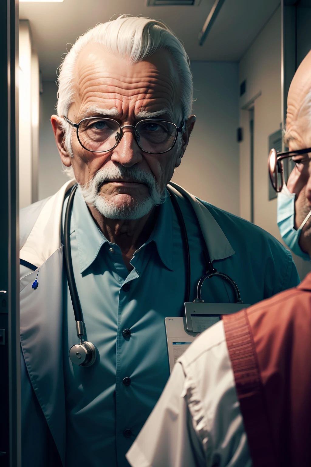 Create an image of a hospital doctor. He's very old, com cabelos brancos e muito enrugado. He's inside a hospital. he's scary. He wears a broken glasses. He is performing a heart operation on a patient.