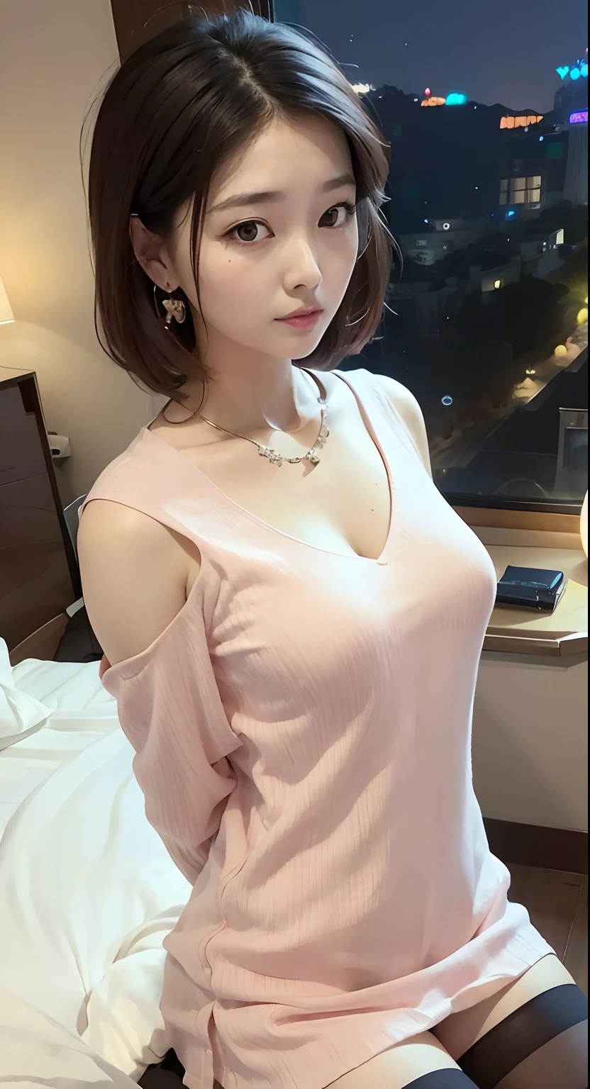 Close up portrait of woman in pink dress sitting on bed, Open V chest clothes, beautiful Korean women, Gorgeous young Korean woman, wearing a cute top, wearing in shirt, Lovely woman, Beautiful young Korean woman, young and cute girl, Beautiful Asian Girl, A Japanese Lady