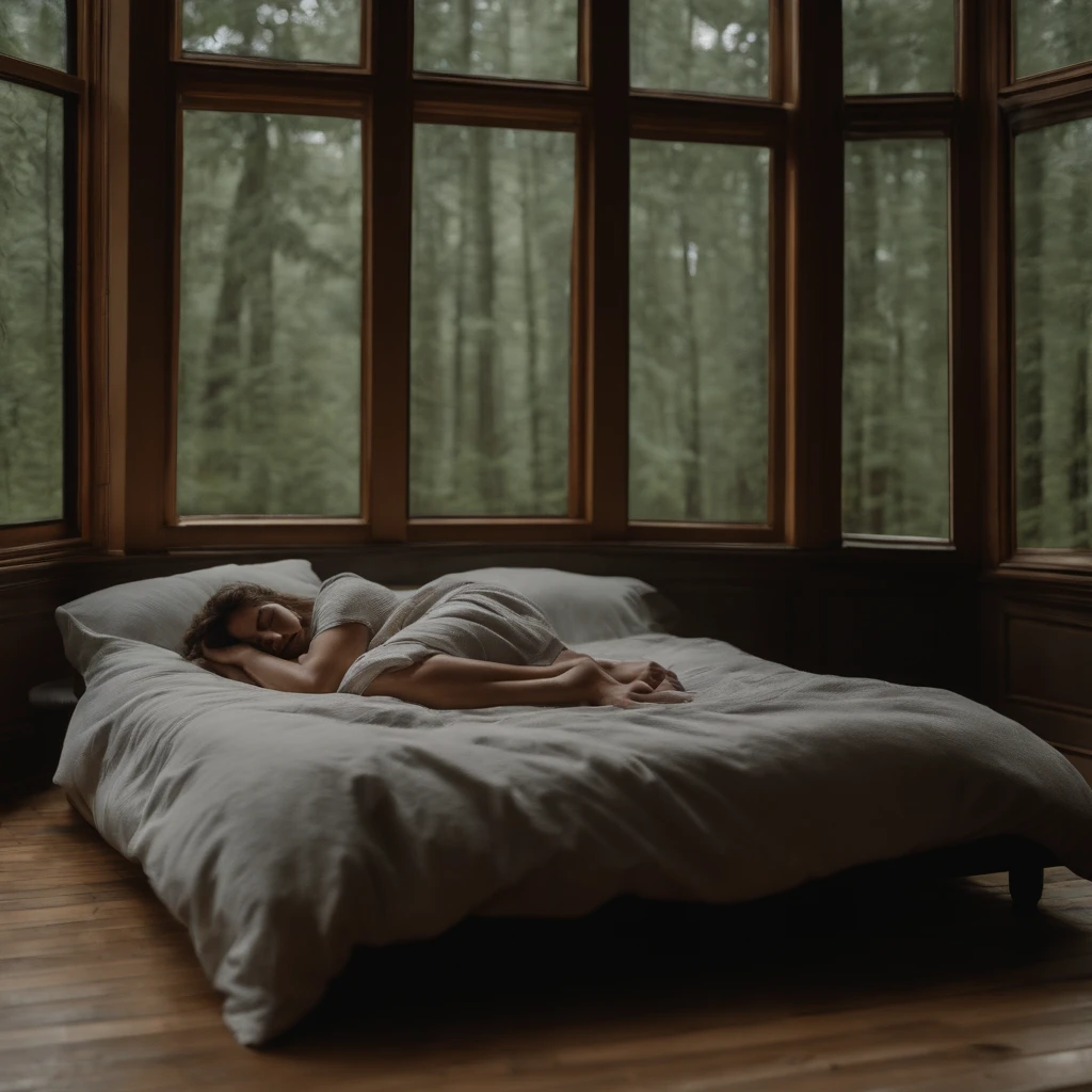 A person sleeping in a bed, rain and thunder, big windows, beautiful forest.