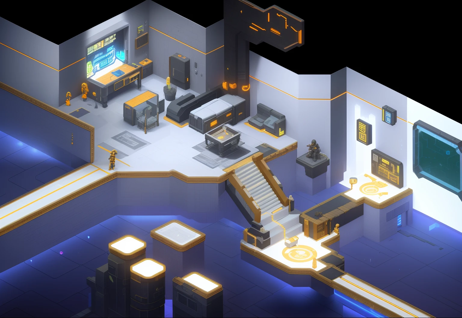 there is a dark, shadowy futuristic neon cyberpunk room with a staircase and a staircase in it, incredible isometric screenshot, isometric futuristic game, isometric game, isometric game art, isometric art, isometric 8k, sci-fi building. isometric view, prerendered isometric graphics, isometric style, isometric voxel art, photograph of 3d ios room