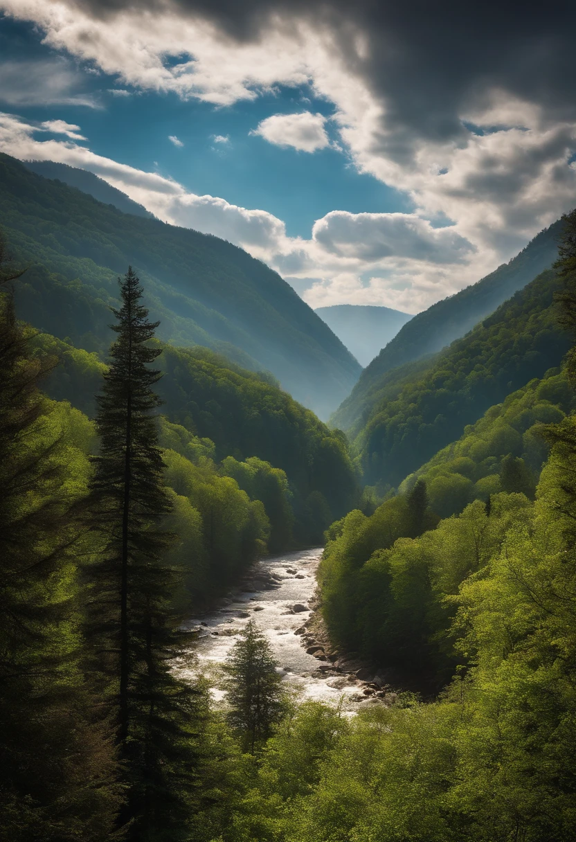 Detailed background, masutepiece, of the highest quality, landscape, mont, River, forest, Sun, day, cloud