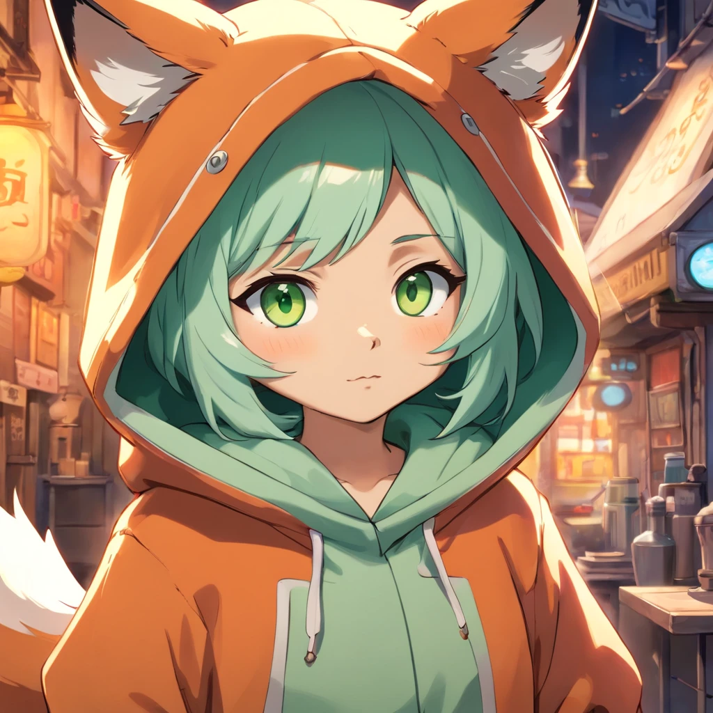a close up of a cartoon fox with a hoodie on, fox from league of legends chibi,green eyes, art of silverfox, portrait of an anthro fox, an anthropomorphic cyberpunk fox, foxgirl, digital fox, tonic the fox, cute fox, fursona art, falvie, an anthro fox, foxish guy in a lab coat
