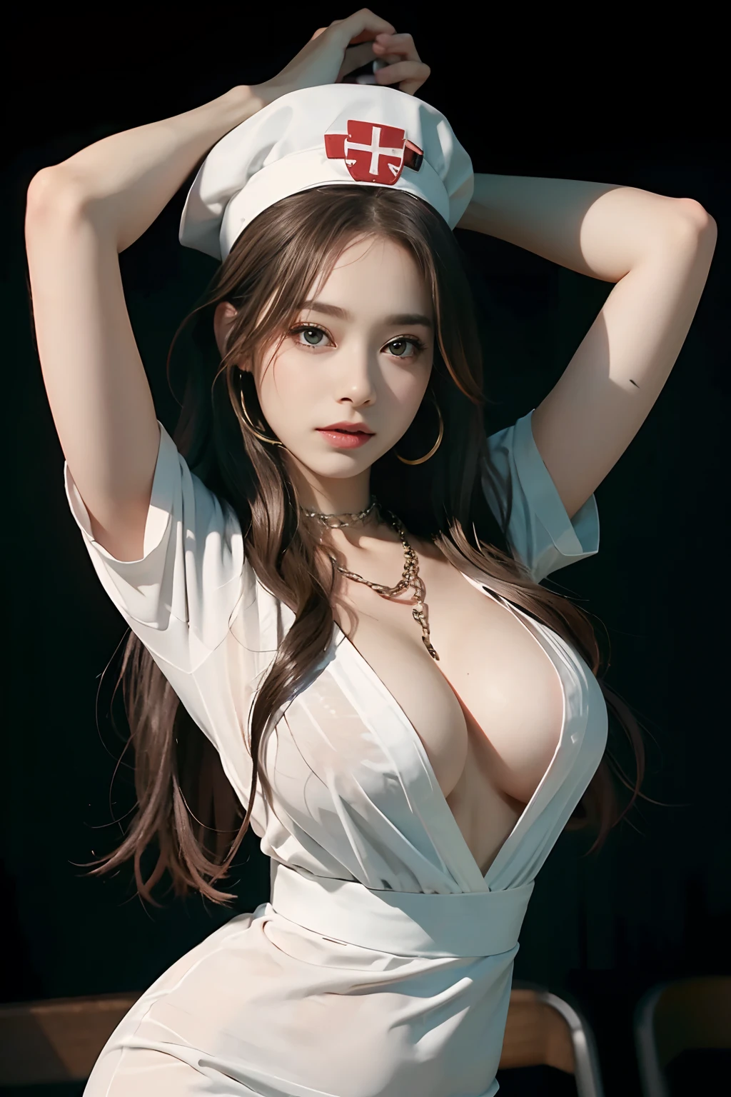 Gorgeous girl((tmasterpiece)),((hight resolution)),((best qualtiy)),A detailed,(NSFW,weeping),((Hands are tied,Cuffed,Tie your wrists,Arms up,Pegging,mannequin,BDSM,Teary-eyed,brown haired,collars,)),G string,toppless,torn laundry,Large breasts,collars,chain,embarrassed from,dreds,breasts focus,angle of view,cinmatic lighting,perfectly shaded,((nightclubs,karaoke))),realistic lighting shaded,Crowd of,Lots of people,fanaticism,Hot Dance,Orgy,Crowd 1 Girls,(Green_Eyes:1.2//),Lots of people, White nurse's uniform,White nurse hat,low chest,Deep V Big, rosette,red rip,hair_flower,Colossal tits,Bigchest,crisp breasts,ssmile