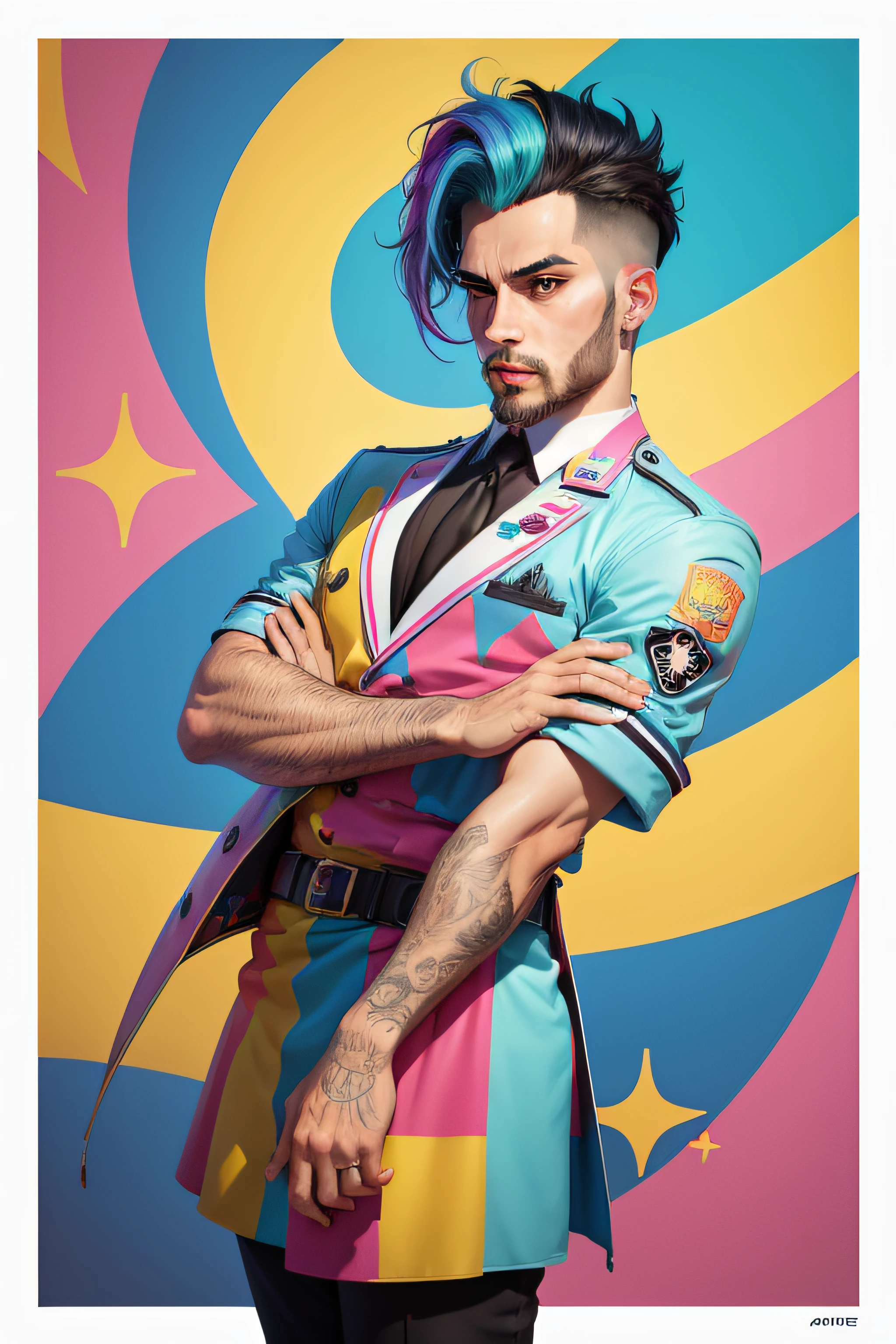 presentador circo Arte vectorial, Colorful graffiti illustration, medic, en el centro, colores brillantes, salpicaduras y manchas de pintura, High detail, fondo blanco