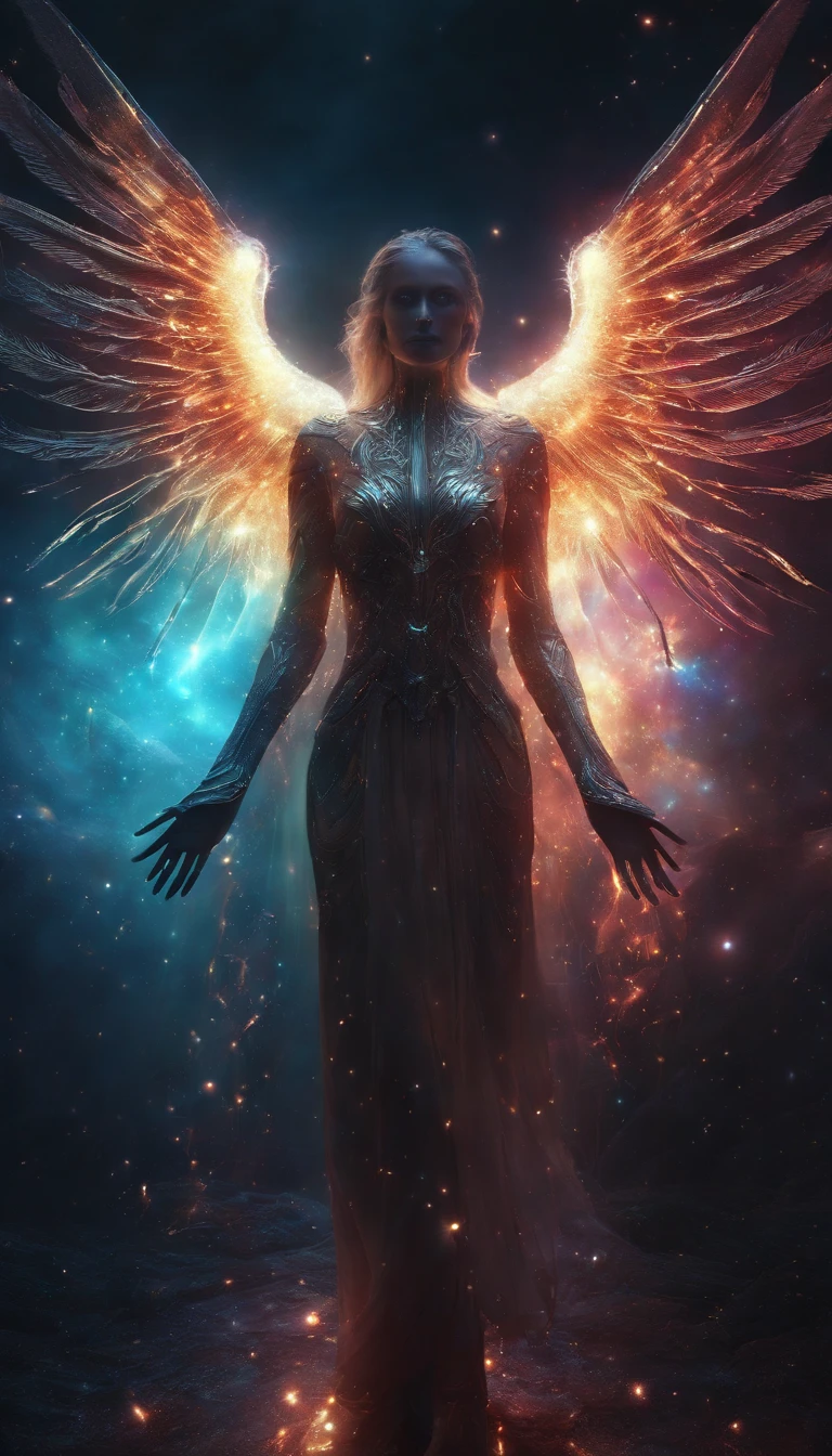 Cosmic Fallen Angel, glowing light eyes, Biomechanical, eerie, Creepy, nightmarish, Very bright colors, Light particles, with light glowing, Mshiv, wallpaper art, UHD wallpaper
