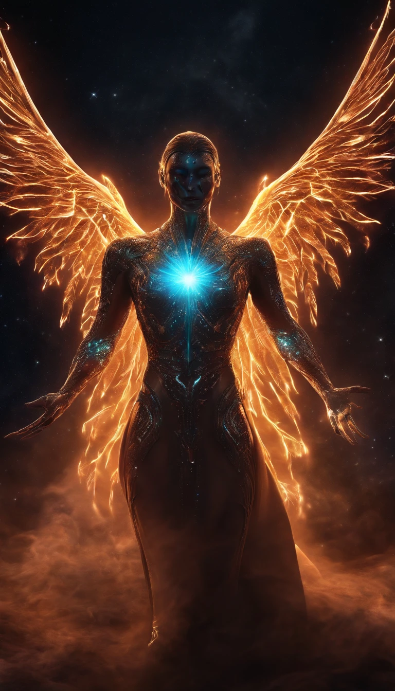 Cosmic Fallen Angel, glowing light eyes, Biomechanical, eerie, Creepy, nightmarish, Very bright colors, Light particles, with light glowing, Mshiv, wallpaper art, UHD wallpaper
