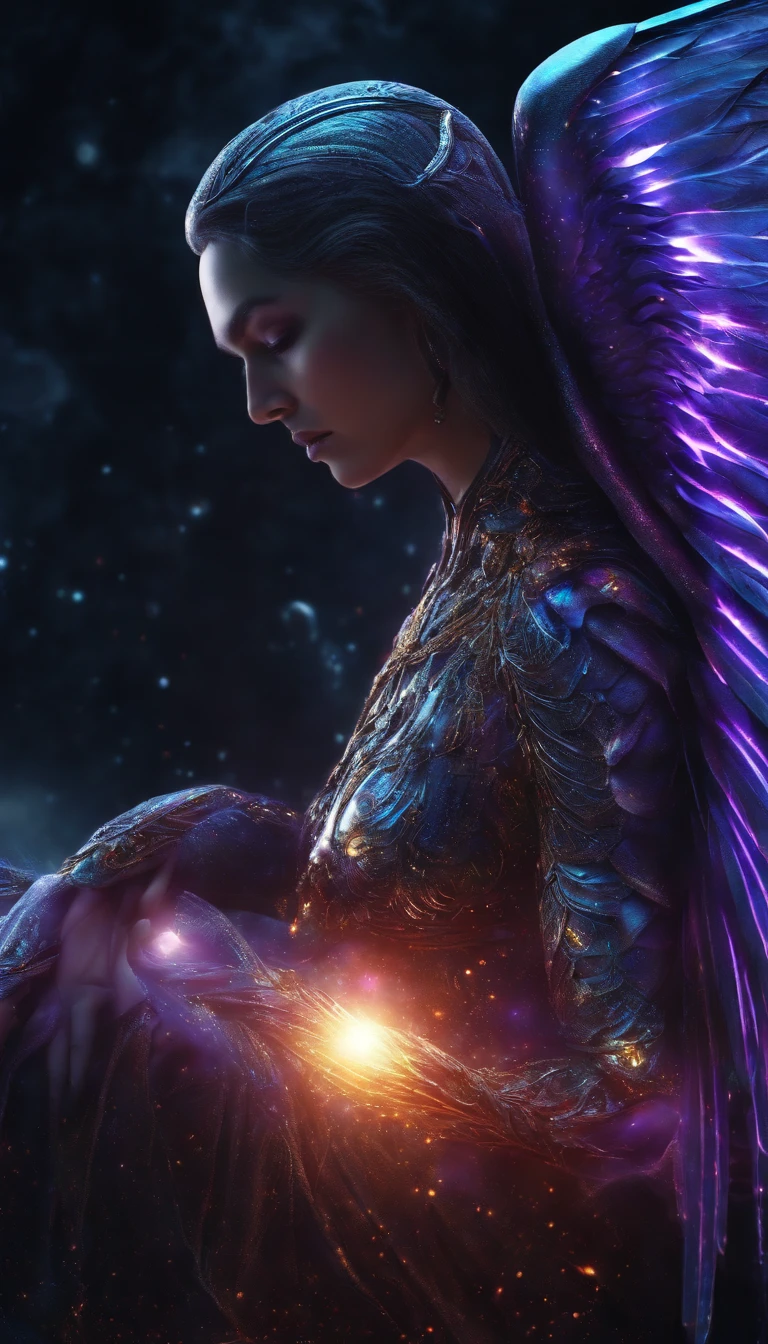 Cosmic Fallen Angel, glowing light eyes, Biomechanical, eerie, Creepy, nightmarish, Very bright colors, Light particles, with light glowing, Mshiv, wallpaper art, UHD wallpaper
