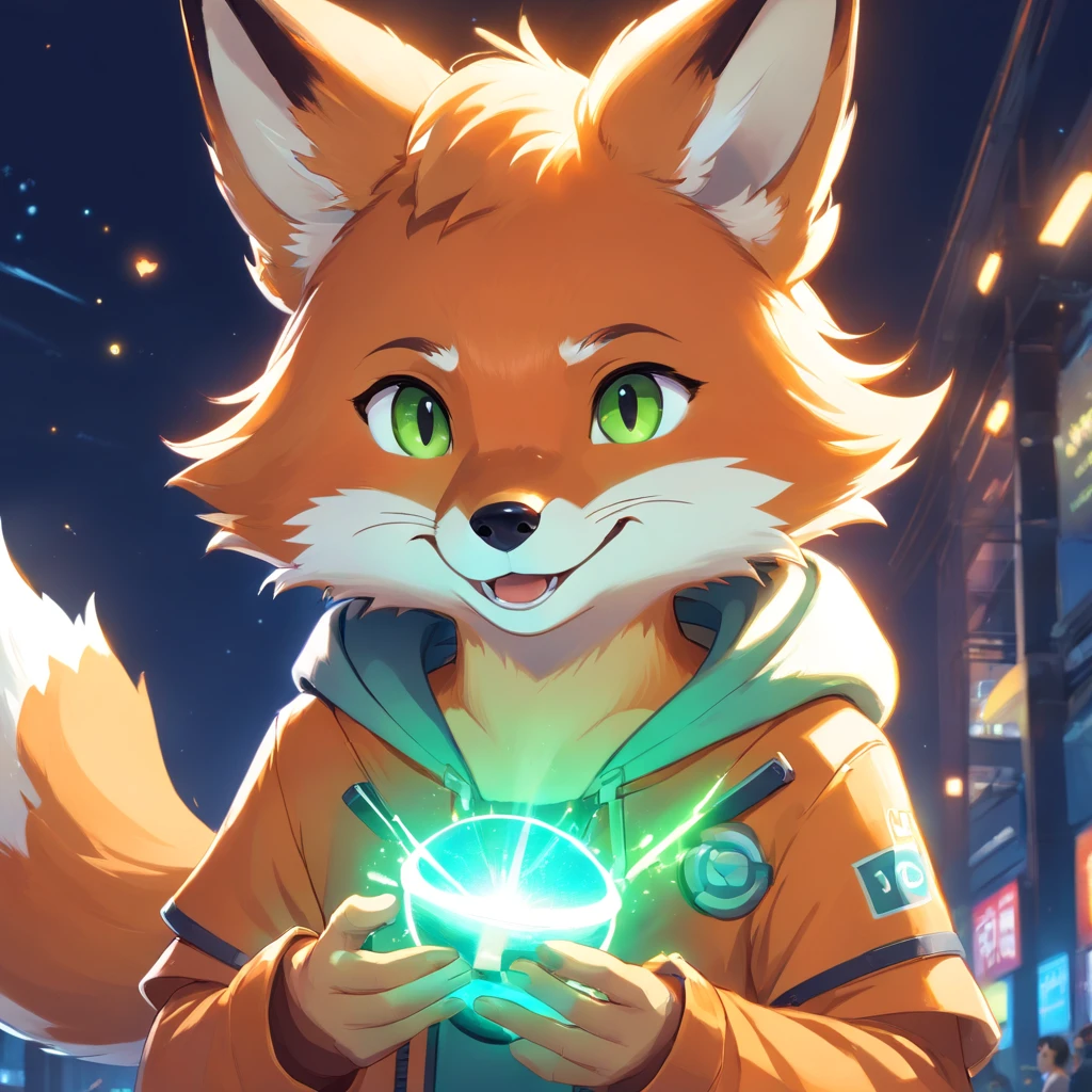 Adorable fox in Pixar movie style, usando um capuz, cinematic lighthing, Depth detection, hiper detalhada, qualidade 8k. depth of fields,perfect lighting,light particles,(best quality),(tmasterpiece),(Ultra - Detailed),sharp focus,light particles,Niji,fox,male,god eyes,green_eye,Looking_in_viewer,smile,so little,furry, bicho_orelha_fluff,open sky_Attire,Crossed waist with one hand,upper body,tail,short-sleeved shirt,eyeglasses,sunbeams,soft smile,from below,holding coffee(Fox, furry, anthropomorphic), Male, Best quality, human-like body figure), looking at viewer with orange hoodie and sunglasses holding cell phone, fox, avatar image, with futuristic outfit, CGSetnation ),like, professional art, CGsociety - W 1 0 2 4 - N 8 - I,The name is Kan, your name is Kan