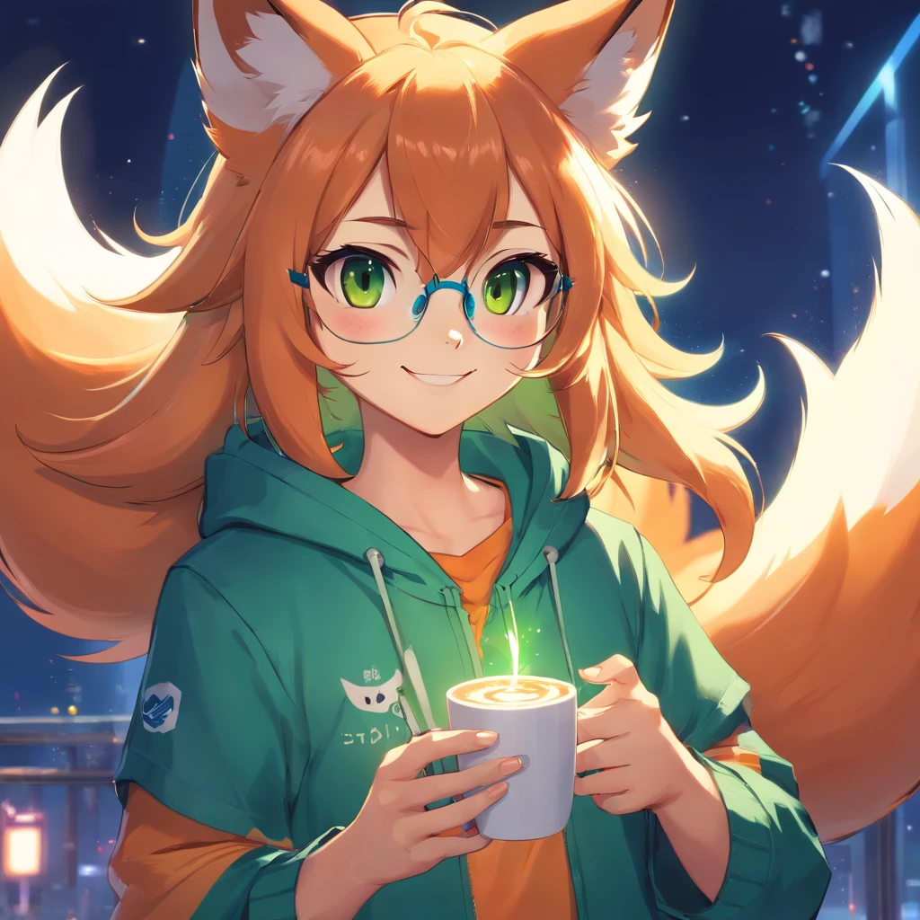 Adorable fox in Pixar movie style, usando um capuz, cinematic lighthing, Depth detection, hiper detalhada, qualidade 8k.  depth of fields，perfect lighting，light particles，（best quality），（tmasterpiece），（Ultra - Detailed），sharp focus，light particles，Niji，fox，male，god eyes，green_eye，Looking_in_viewer，smile，so little，furry， bicho_orelha_fluff，open sky_Attire，Crossed waist with one hand，upper body，tail，short-sleeved shirt，eyeglasses，sunbeams，soft smile，from below，holding coffee(Fox, furry, anthropomorphic), Male, Best quality, human-like body figure), looking at viewer with orange hoodie and sunglasses holding cell phone, fox, avatar image, with futuristic outfit, CGSetnation ),like, professional art, CGsociety - W 1 0 2 4 - N 8 - I,The name is Kan, your name is Kan