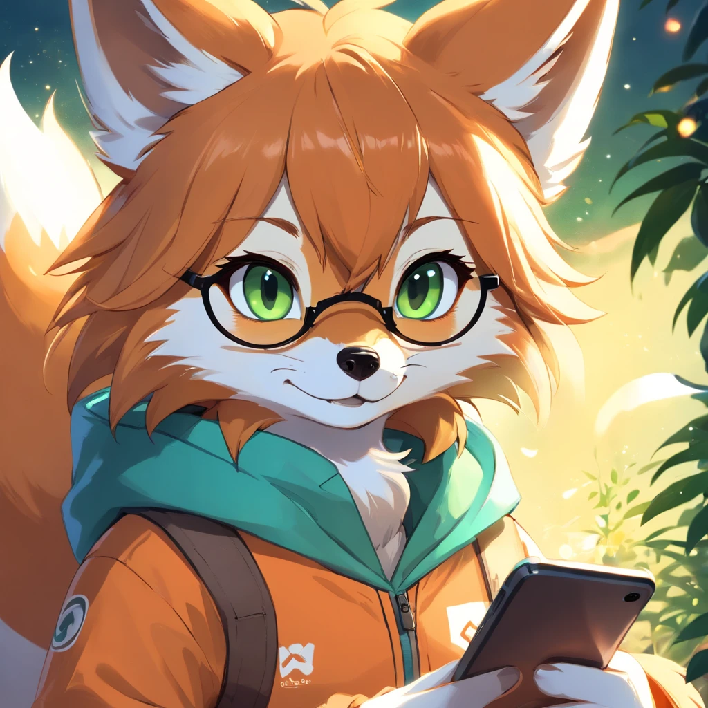 Adorable fox in Pixar movie style, usando um capuz, cinematic lighthing, Depth detection, hiper detalhada, qualidade 8k. depth of fields,perfect lighting,light particles,(best quality),(tmasterpiece),(Ultra - Detailed),sharp focus,light particles,Niji,fox,male,god eyes,green_eye,Looking_in_viewer,smile,so little,furry, bicho_orelha_fluff,open sky_Attire,Crossed waist with one hand,upper body,tail,short-sleeved shirt,eyeglasses,sunbeams,soft smile,from below,holding coffee(Fox, furry, anthropomorphic), Male, Best quality, human-like body figure), looking at viewer with orange hoodie and sunglasses holding cell phone, fox, avatar image, with futuristic outfit, CGSetnation ),like, professional art, CGsociety - W 1 0 2 4 - N 8 - I,The name is Kan, your name is Kan