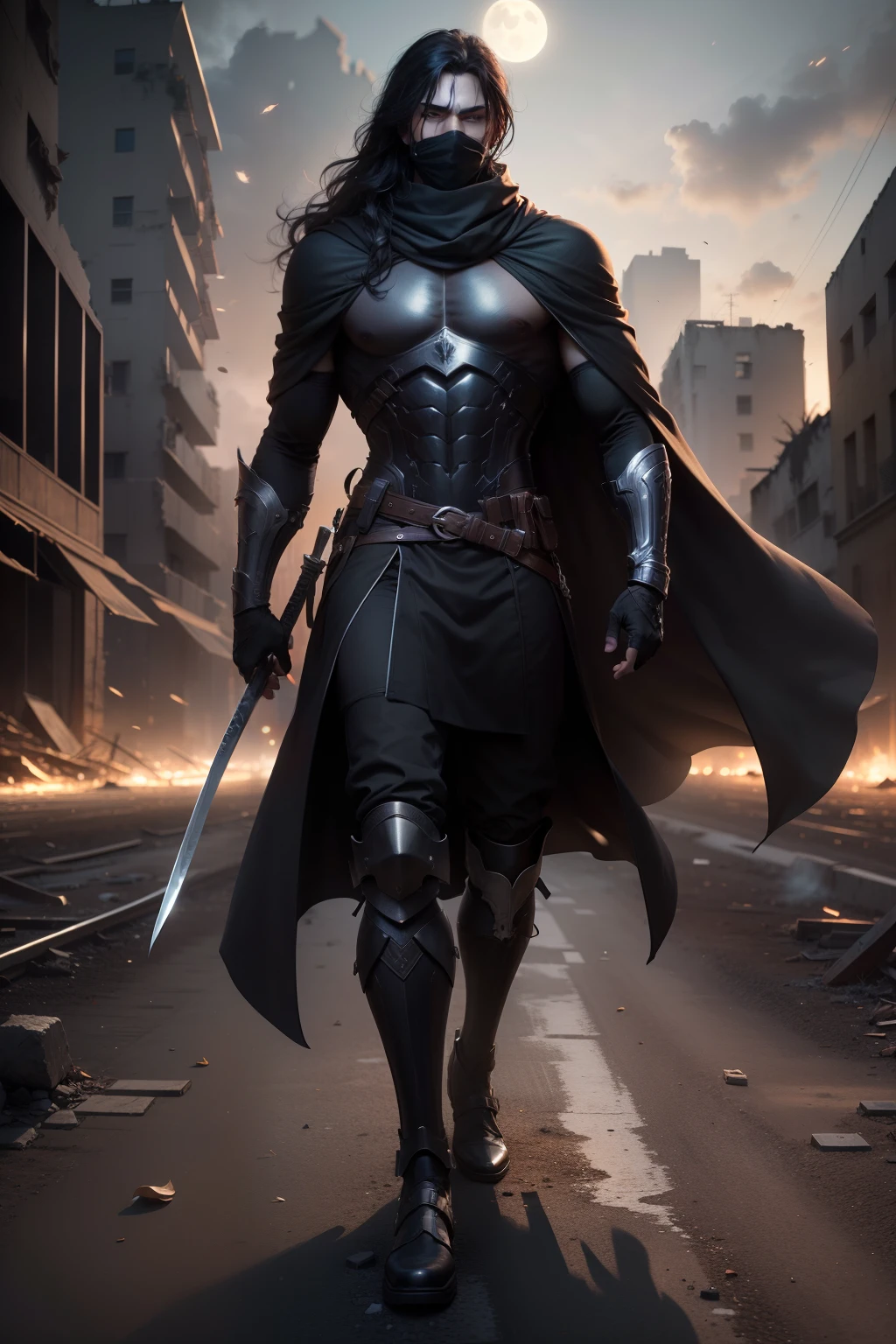 male, black mask, (RAW photo, 4k, masterpiece, very high resolution, extremely complex), (night), (moonlight), (realistic: 1.4), (full body), (full body), Lighting cinematic, (((a male character))) , Single focus, epic, medieval\(Style \ ), (best quality), (Very tall), (long, wavy black hair), (heavy black scarf), staring eyes , (full body black coat), (8k expressionless face), (brown eyes), (ULZZANG-6500:1.0), (only), (spectators), (glare), (side), (amid ruins old) ,((speed)),(reality), holding a katana